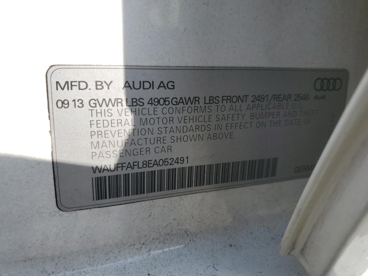 2014 Audi A4 VIN WAUFFAFL8EA052491 Copart auction photo, front end damage thumbnail 12