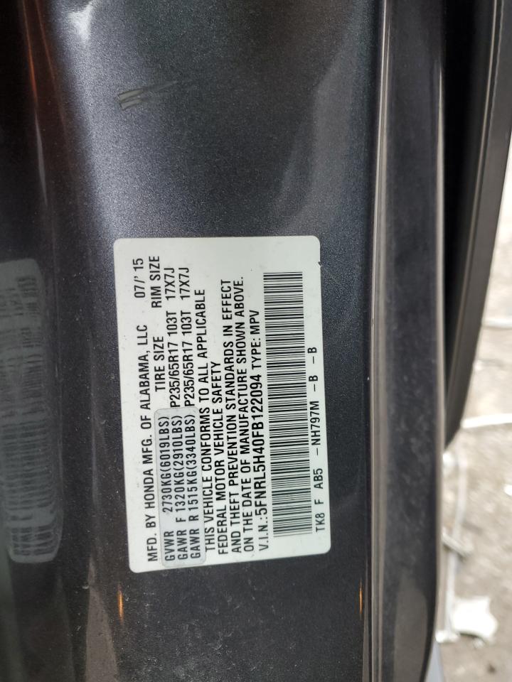 2015 Honda Odyssey VIN 5FNRL5H40FB122094 Copart auction photo, rear end / front end damage thumbnail 15