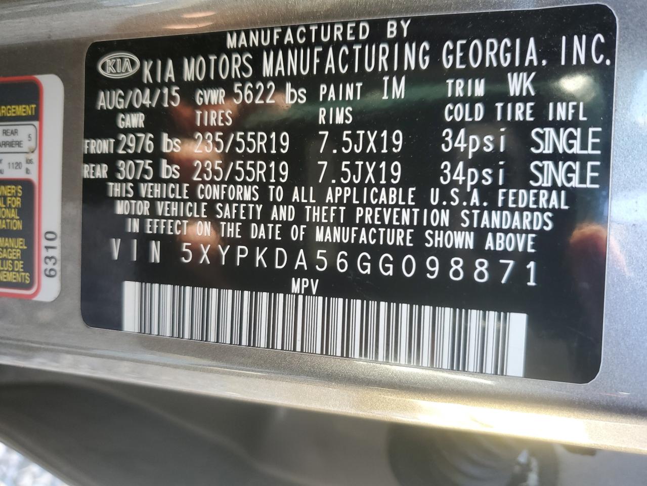 2016 KIA Sorento VIN 5XYPKDA56GG098871 Copart auction photo, mechanical / minor dent/scratches damage thumbnail 13