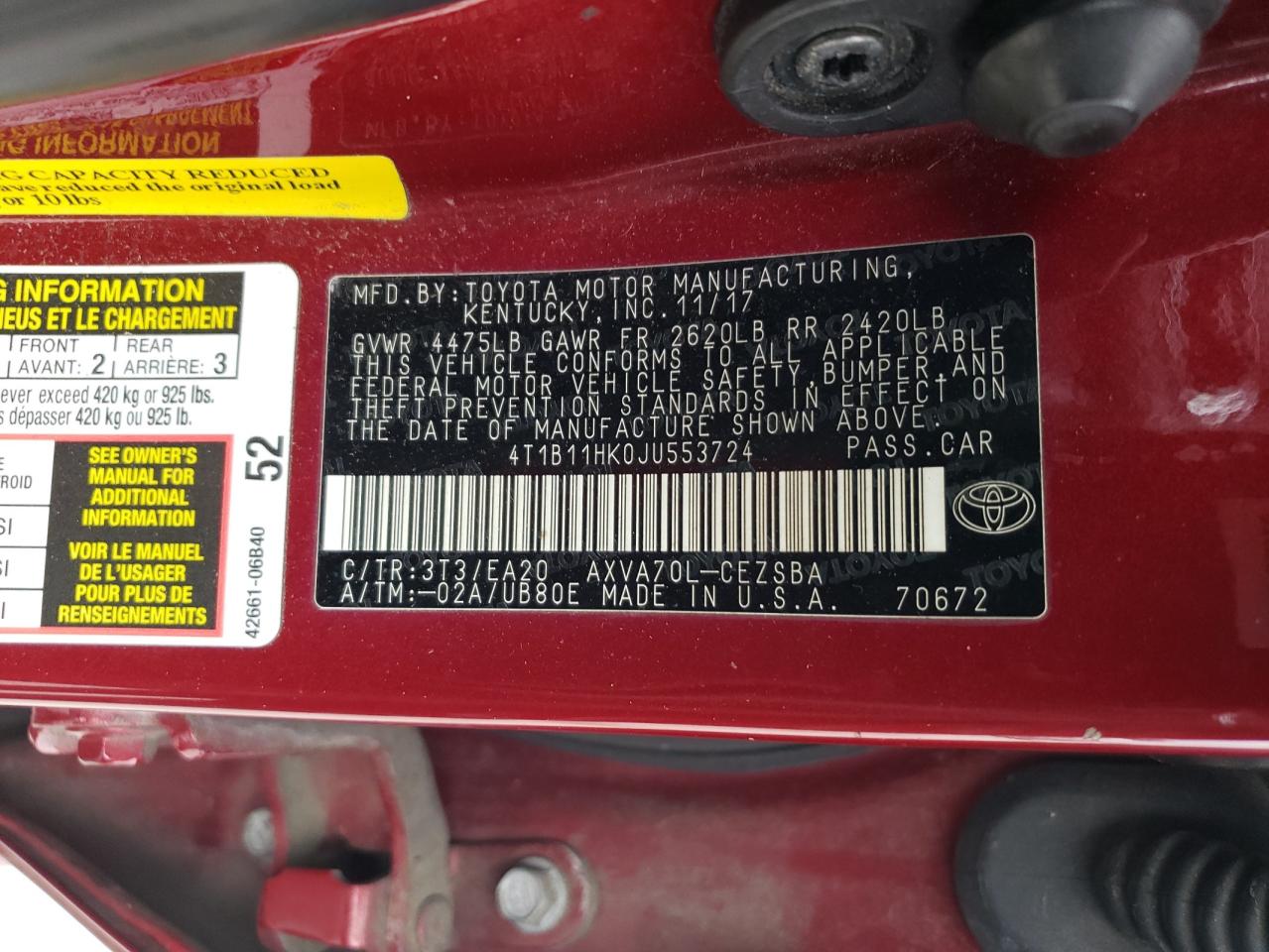 2018 Toyota Camry VIN 4T1B11HK0JU553724 Copart auction photo, front end / side damage thumbnail 12