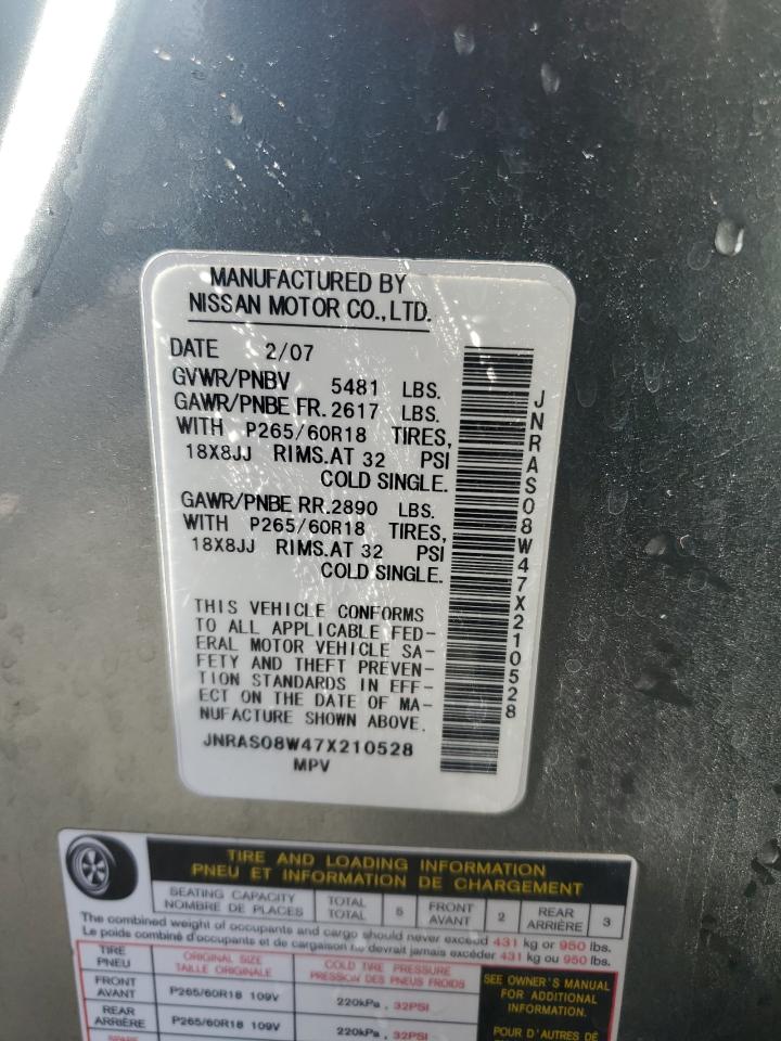2007 Infiniti FX VIN JNRAS08W47X210528 Copart auction photo, front end damage thumbnail 13