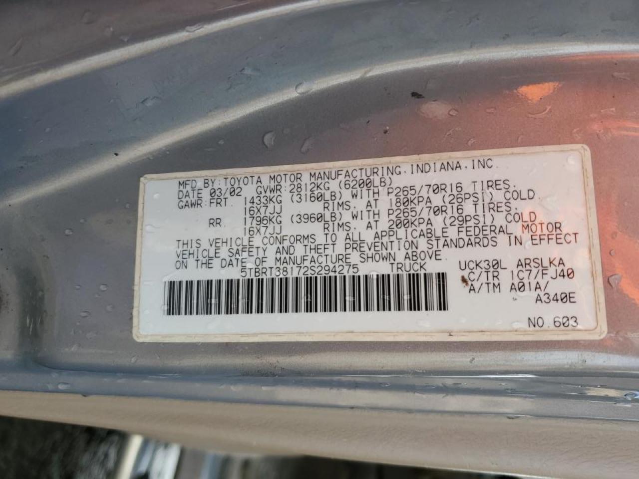 2002 Toyota Tundra VIN 5TBRT38172S294275 Copart auction photo, rear end / front end damage thumbnail 12