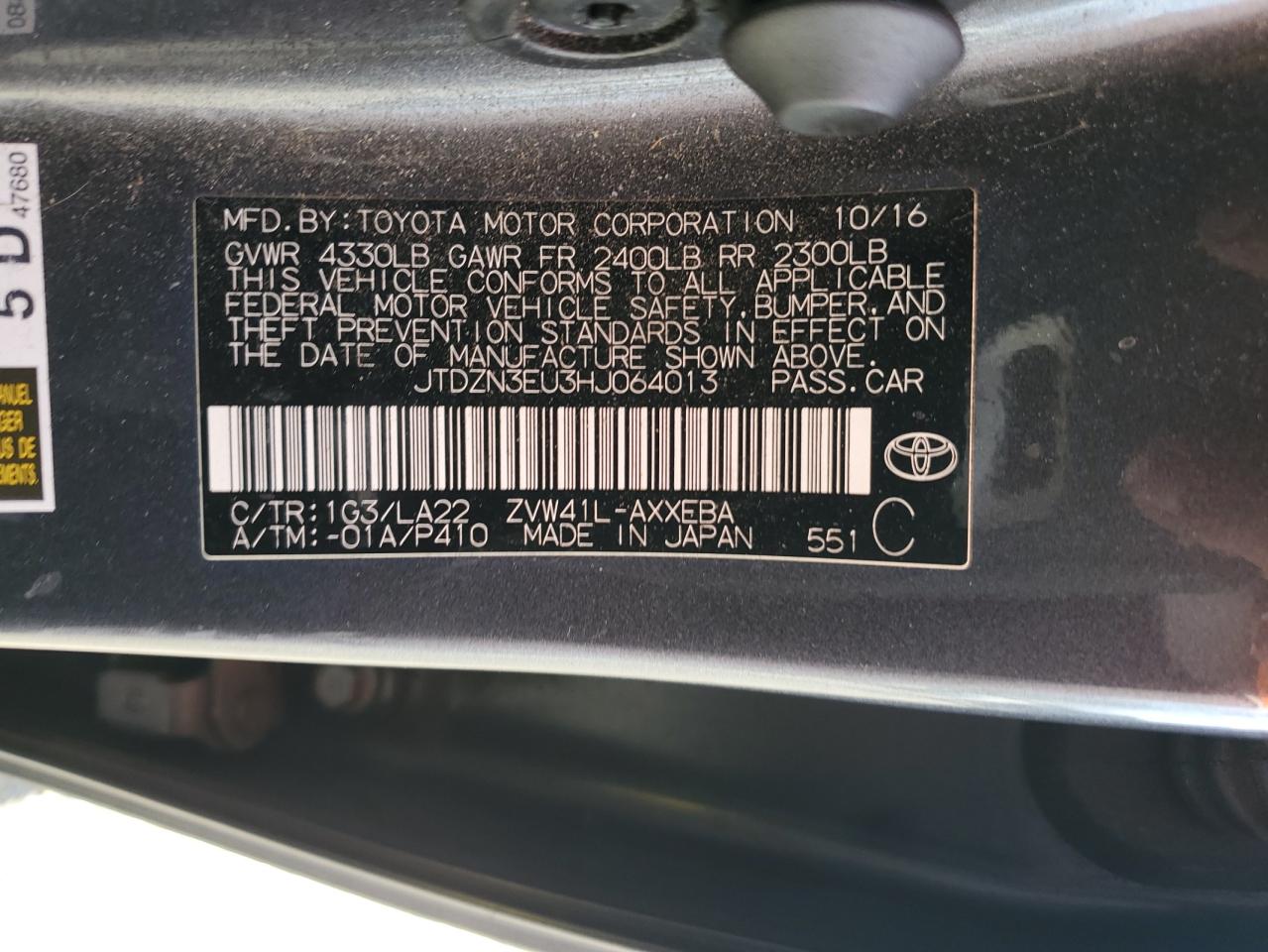 2017 Toyota Prius VIN JTDZN3EU3HJ064013 Copart auction photo, front end / side damage thumbnail 14