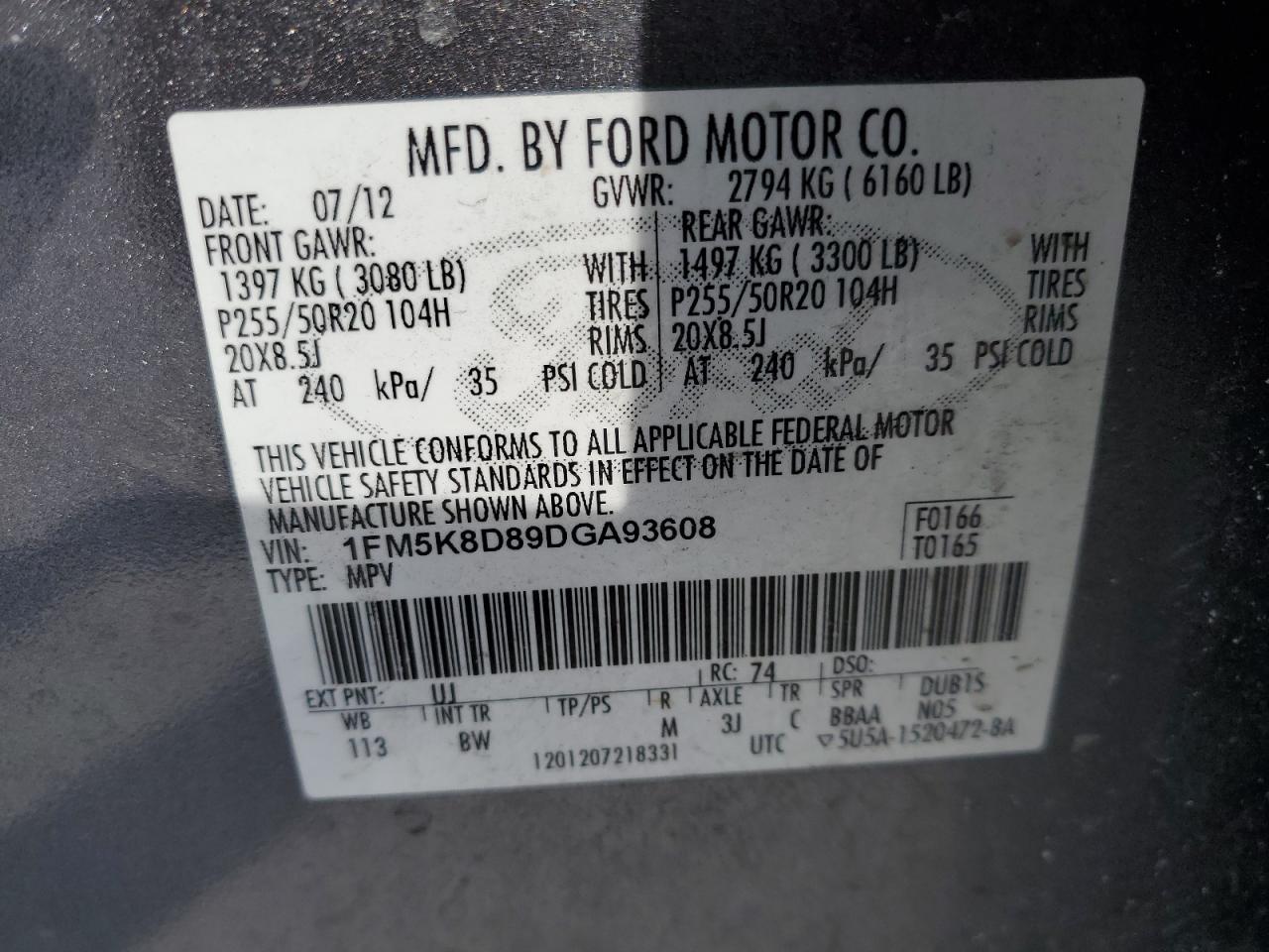 2013 Ford Explorer VIN 1FM5K8D89DGA93608 Copart auction photo, mechanical / all over damage thumbnail 13