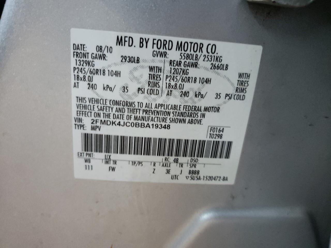 2011 Ford Edge VIN 2FMDK4JC0BBA19348 Copart auction photo, front end / minor dent/scratches damage thumbnail 13