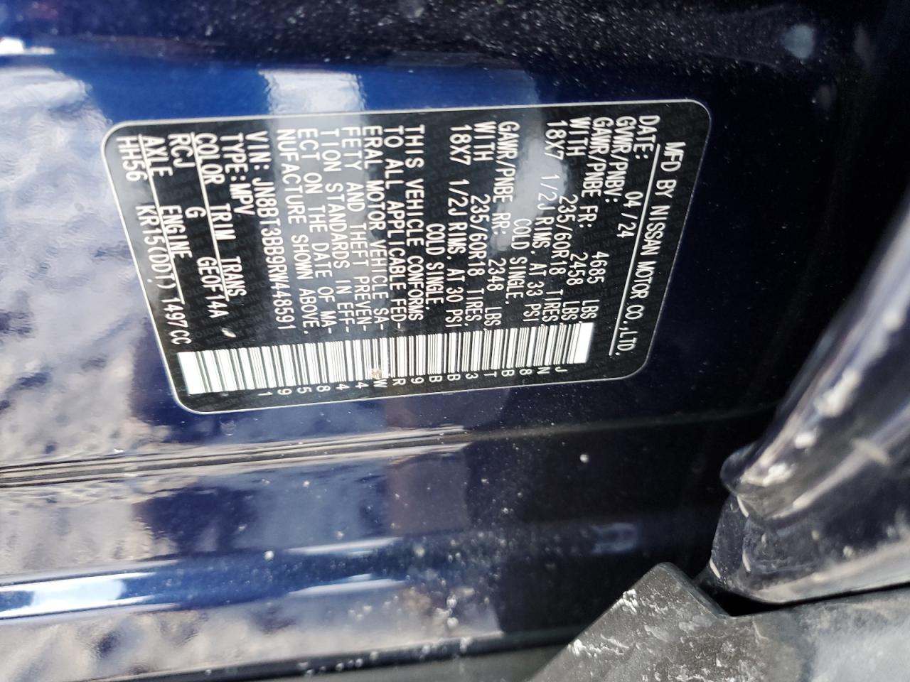 2024 Nissan Rogue VIN JN8BT3BB9RW448591 Copart auction photo, front end damage thumbnail 12