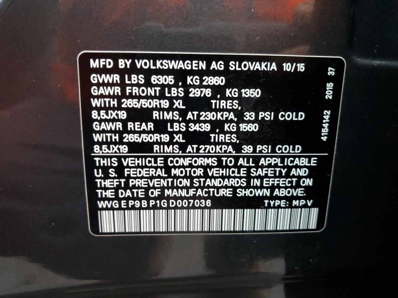 2016 Volkswagen Touareg VIN WVGEP9BP1GD007036 Copart auction photo, front end damage thumbnail 14