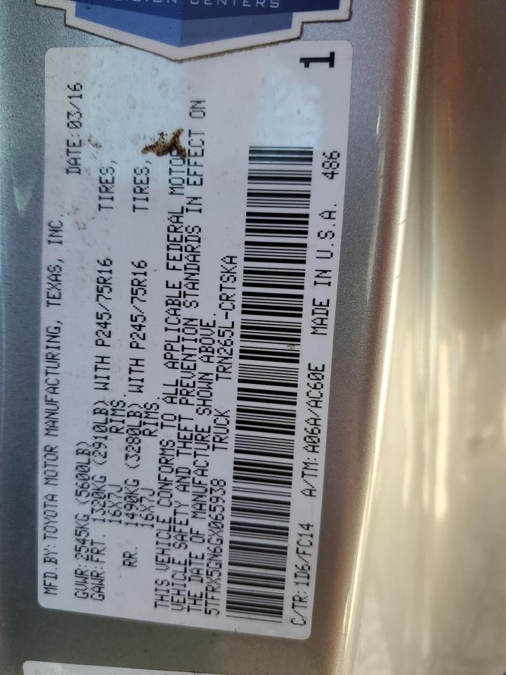 2016 Toyota Tacoma VIN 5TFRX5GN6GX065938 Copart auction photo, side / front end damage thumbnail 13