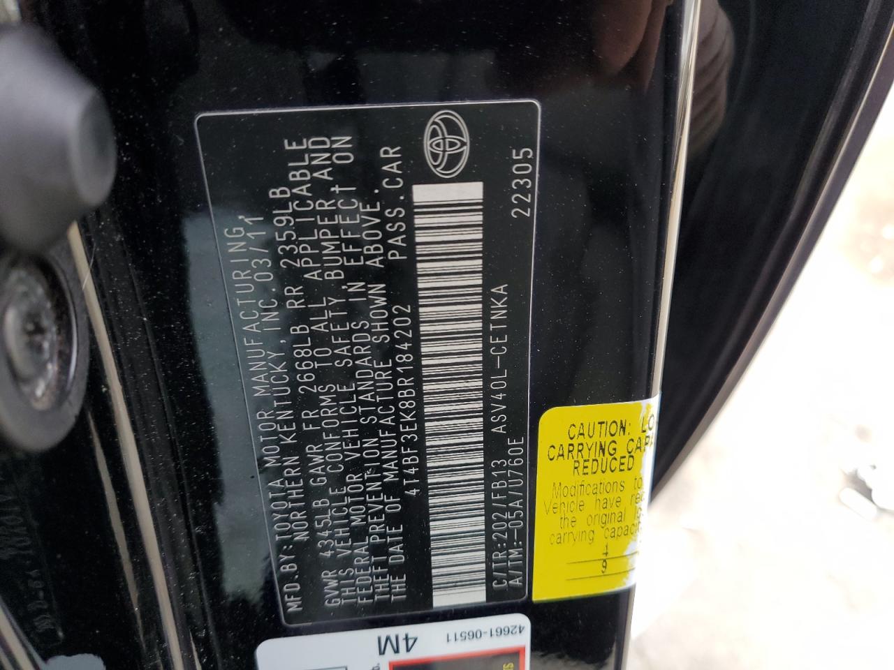 2011 Toyota Camry VIN 4T4BF3EK8BR184202 Copart auction photo, all over damage thumbnail 15