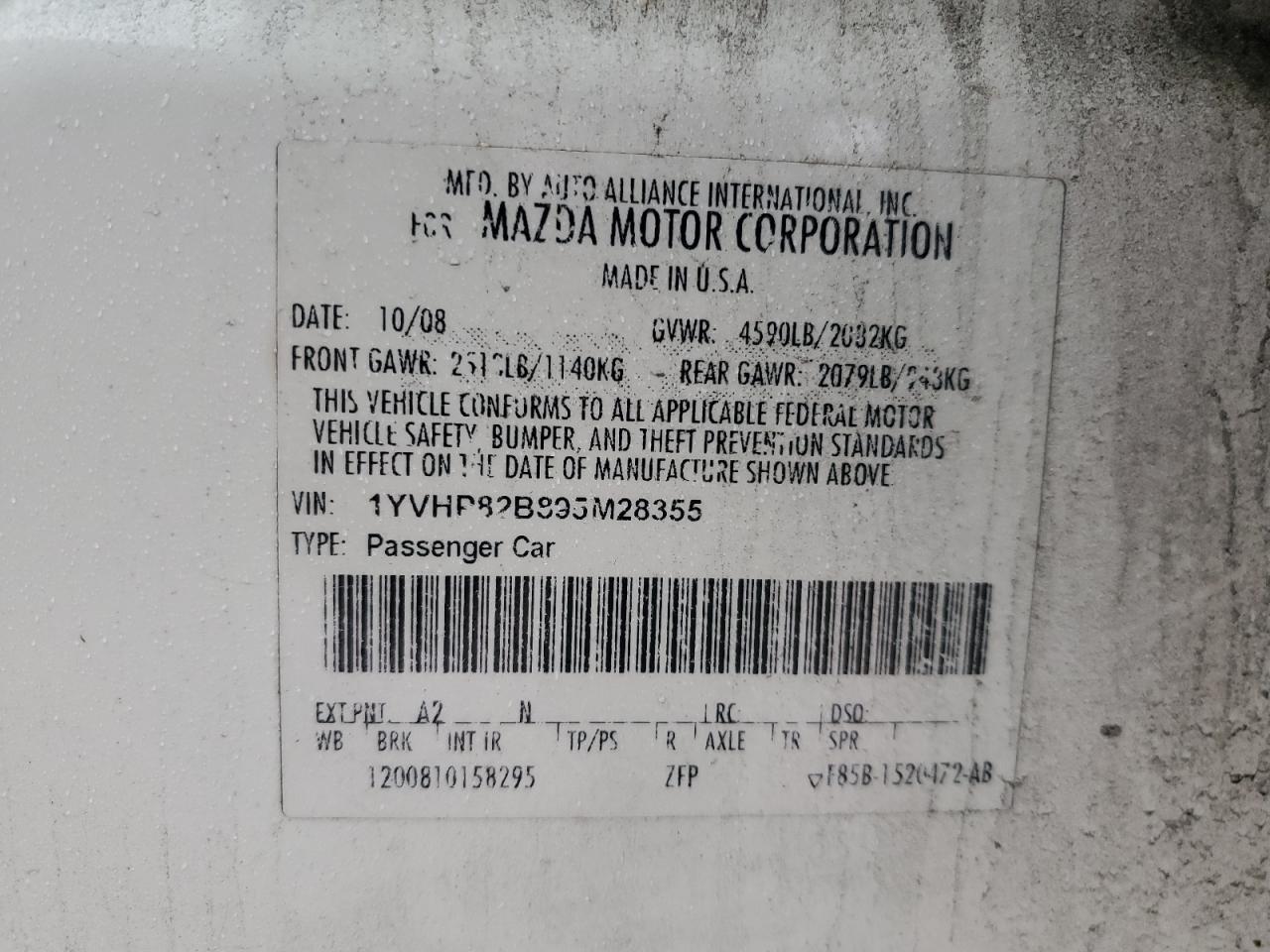 2009 Mazda 6 VIN 1YVHP82B895M28355 Copart auction photo, front end damage thumbnail 12