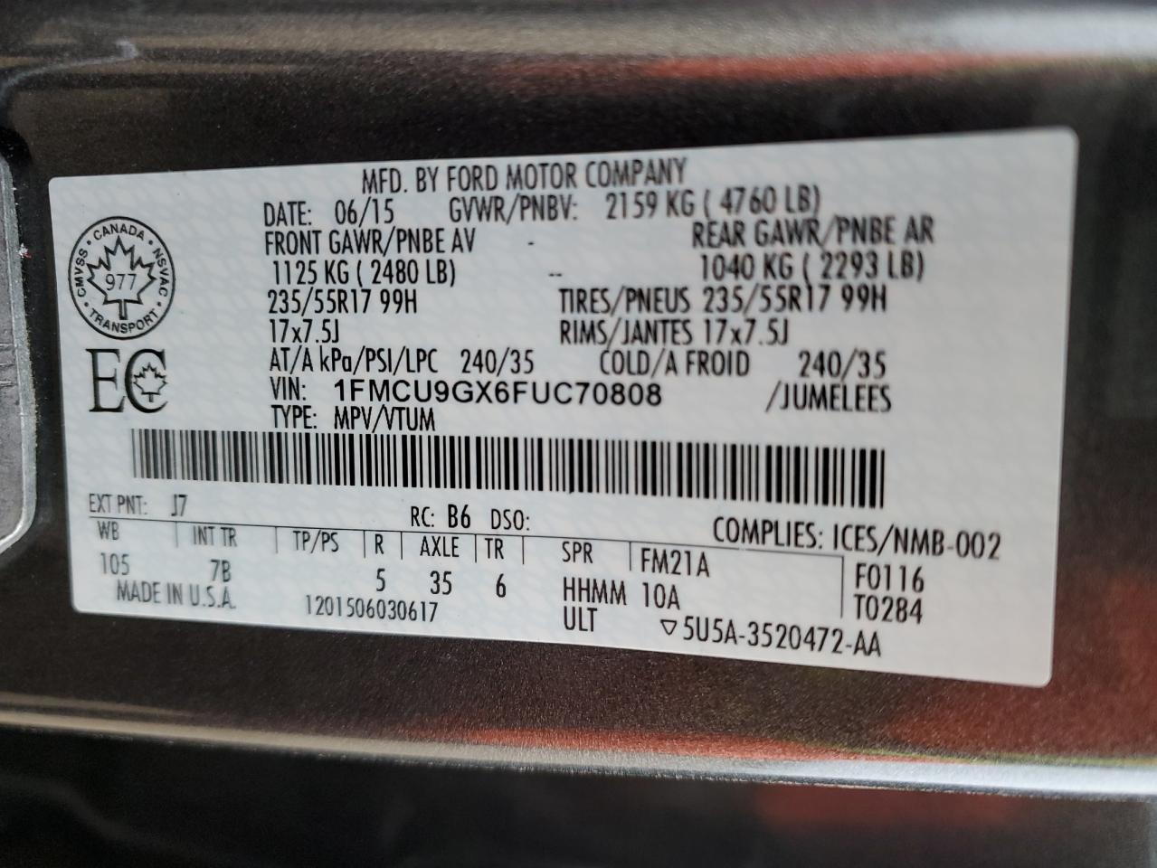 2015 Ford Escape VIN 1FMCU9GX6FUC70808 Copart auction photo, mechanical / minor dent/scratches damage thumbnail 13