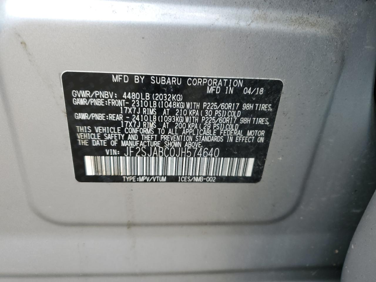 2018 Subaru Forester VIN JF2SJABC0JH574640 Copart auction photo, front end / side damage thumbnail 13