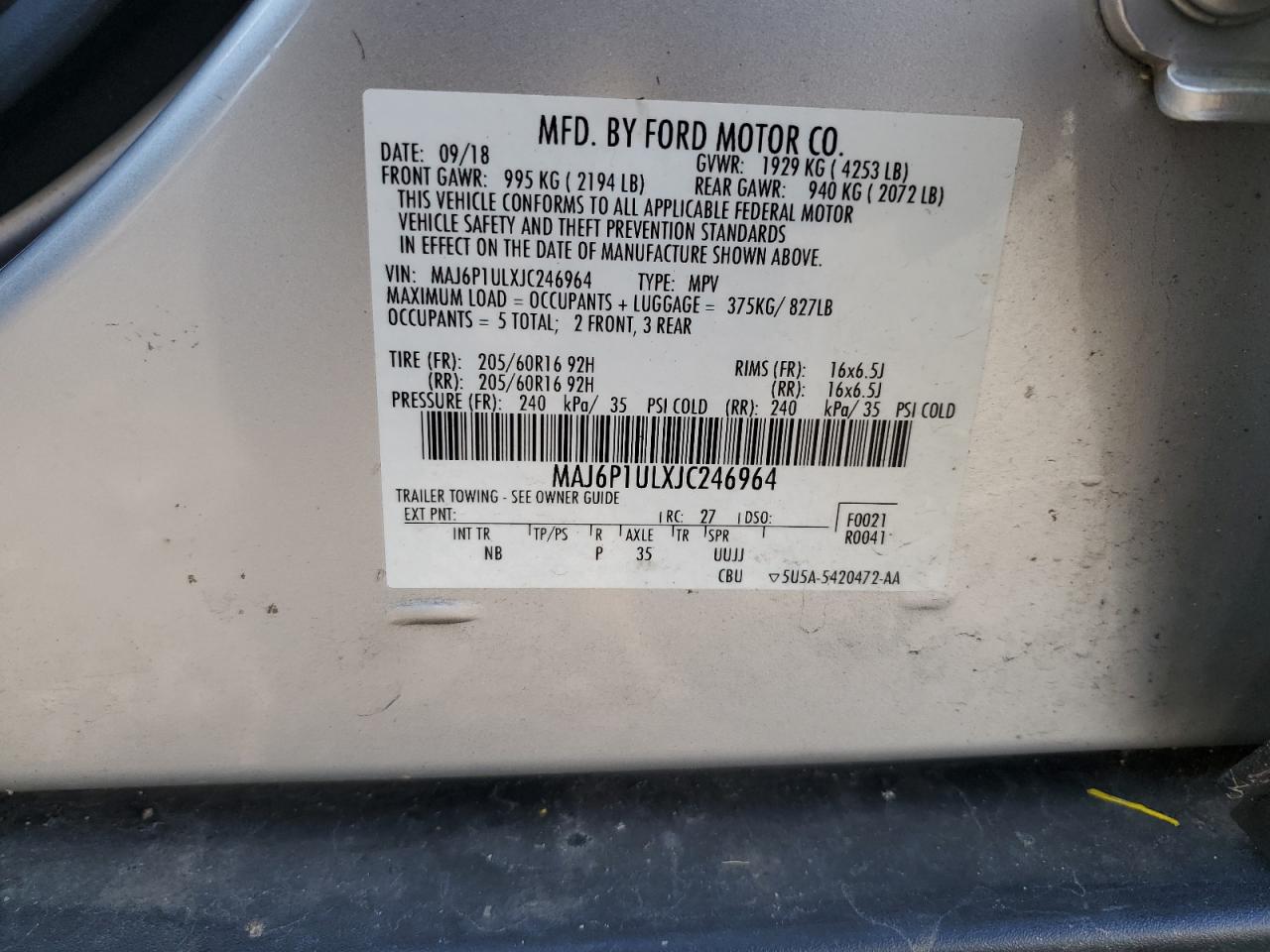 2018 Ford EcoSport VIN MAJ6P1ULXJC246964 Copart auction photo, front end / minor dent/scratches damage thumbnail 15