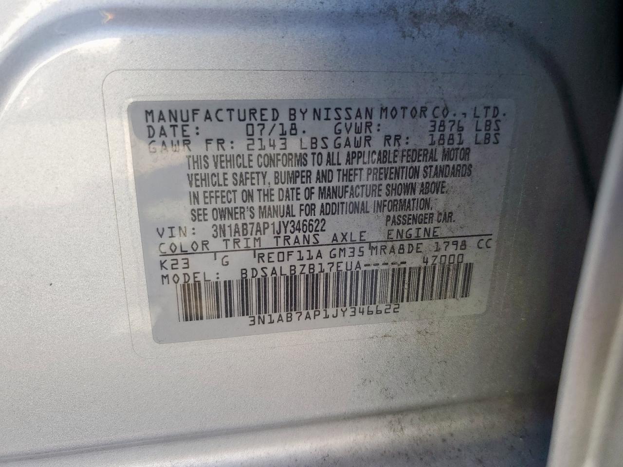 2018 Nissan Sentra VIN 3N1AB7AP1JY346622 Copart auction photo, normal wear damage thumbnail 12