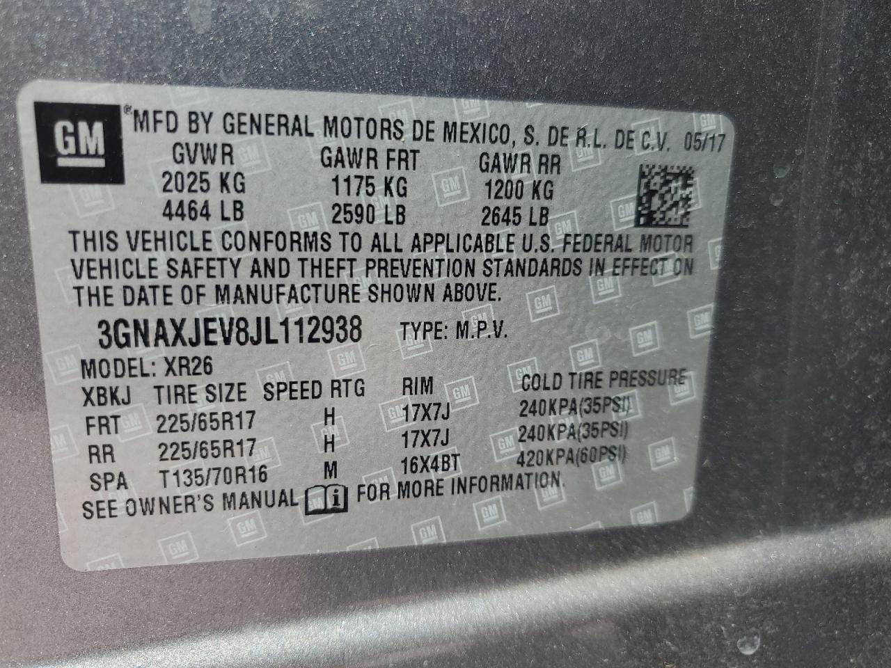 2018 Chevrolet Equinox VIN 3GNAXJEV8JL112938 Copart auction photo, mechanical / front end damage thumbnail 14