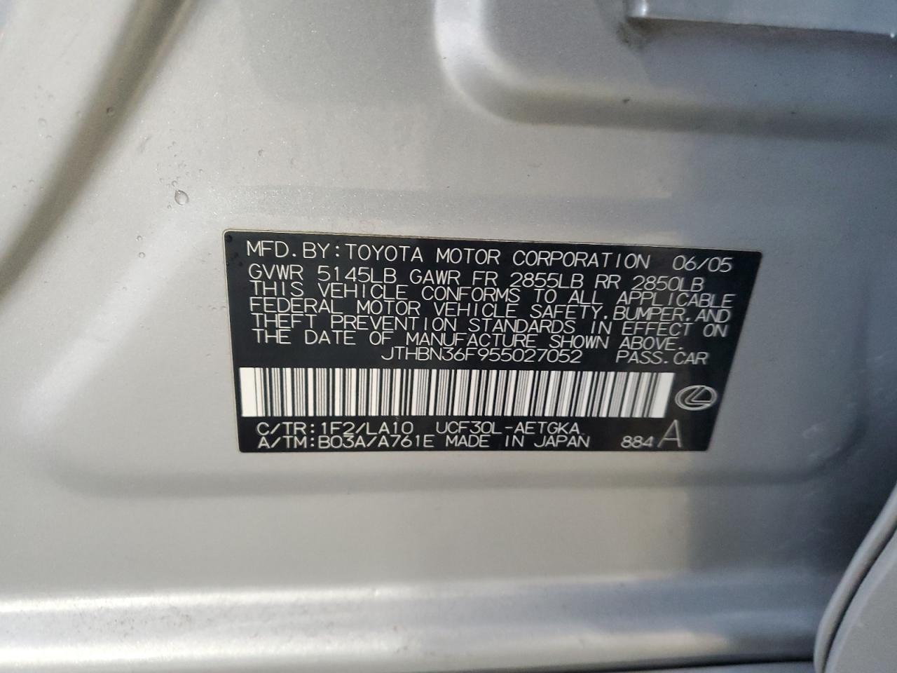 2005 Lexus LS VIN JTHBN36F955027052 Copart auction photo, front end damage thumbnail 13
