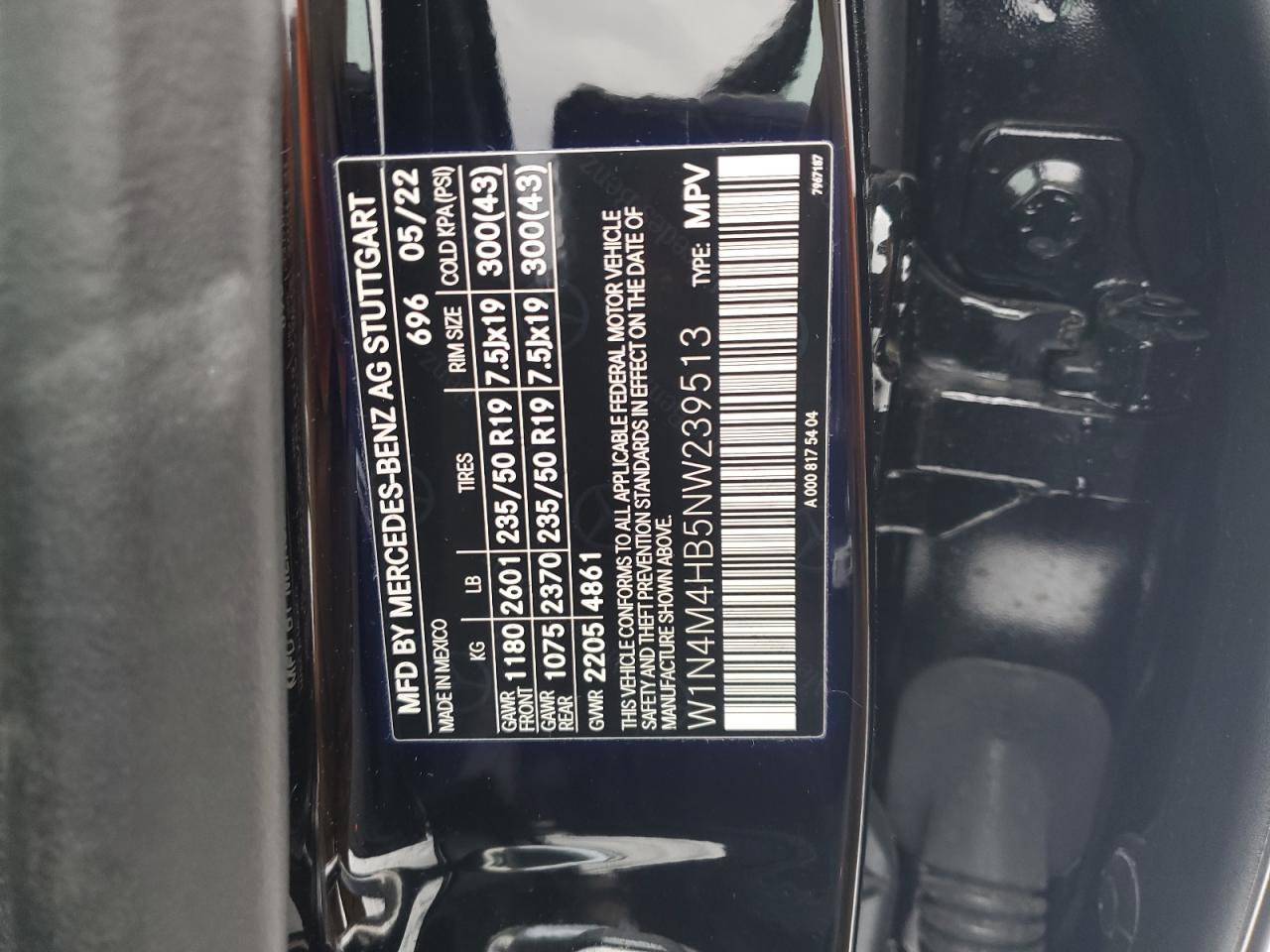 2022 Mercedes-Benz GLB VIN W1N4M4HB5NW239513 Copart auction photo, front end / side damage thumbnail 14