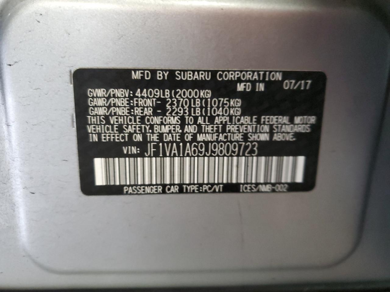 2018 Subaru WRX VIN JF1VA1A69J9809723 Copart auction photo, front end damage thumbnail 13