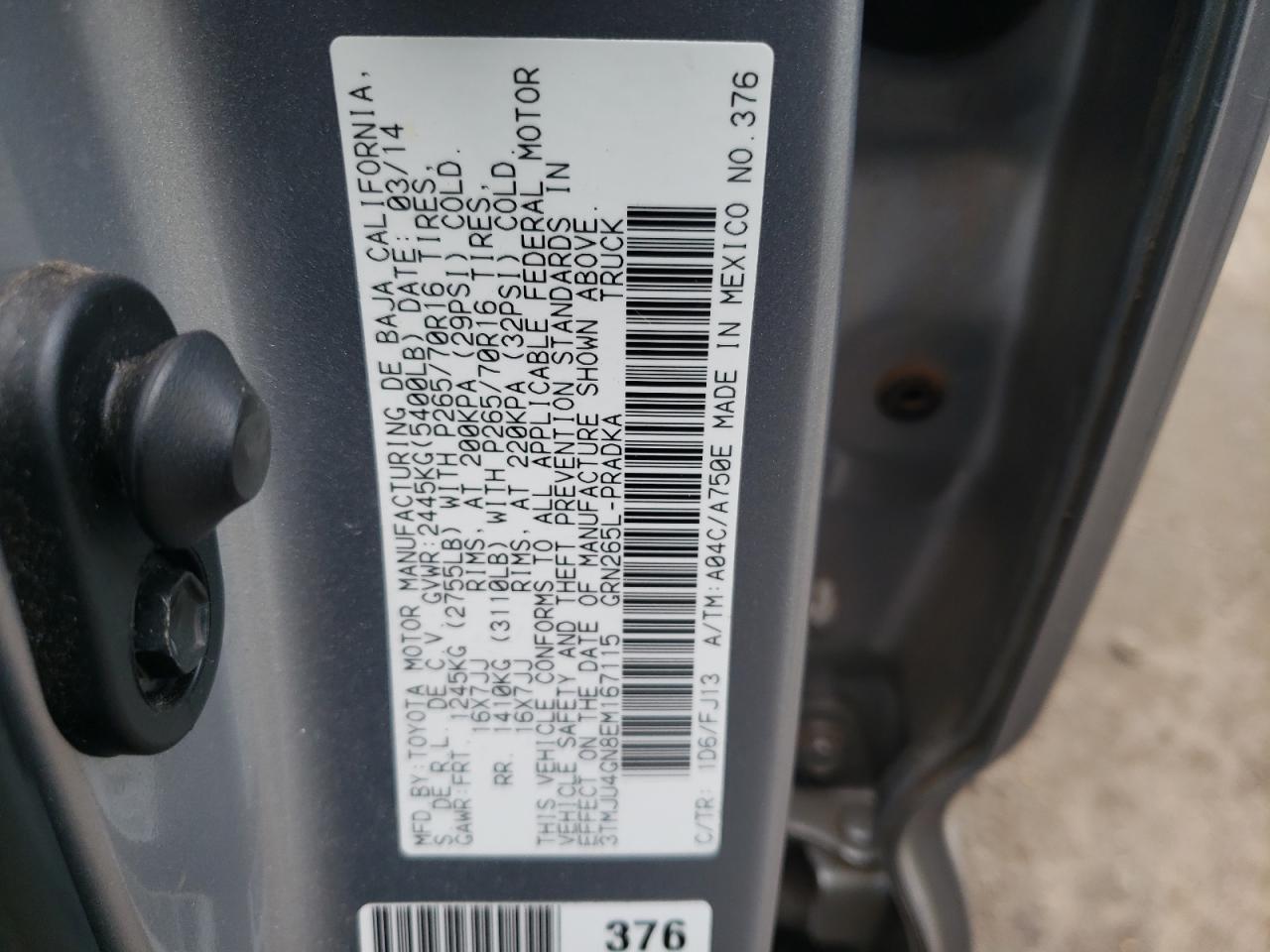 2014 Toyota Tacoma VIN 3TMJU4GN8EM167115 Copart auction photo, side damage thumbnail 12
