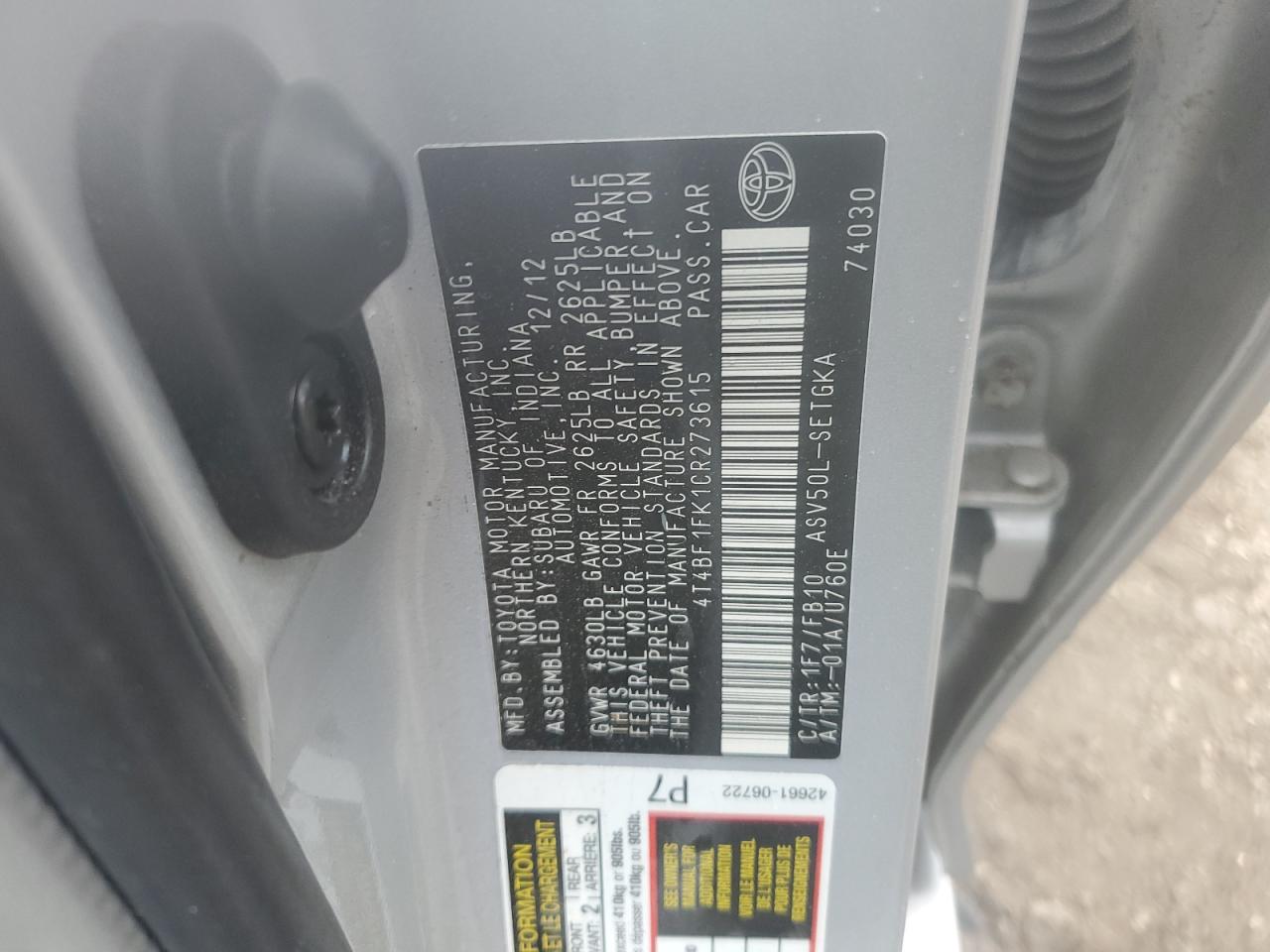 2012 Toyota Camry VIN 4T4BF1FK1CR273615 Copart auction photo, all over damage thumbnail 12