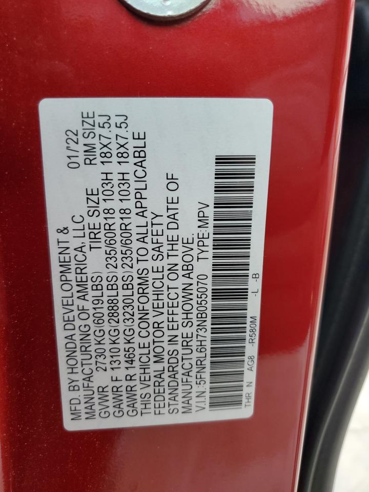 2022 Honda Odyssey VIN 5FNRL6H73NB055070 Copart auction photo, side damage thumbnail 13