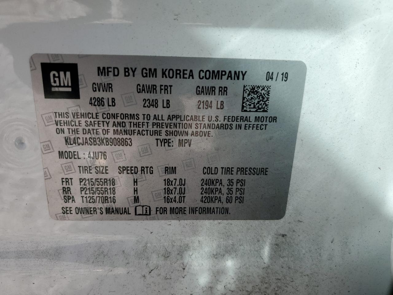 2019 Buick Encore VIN KL4CJASB3KB908863 Copart auction photo, rear end damage thumbnail 13