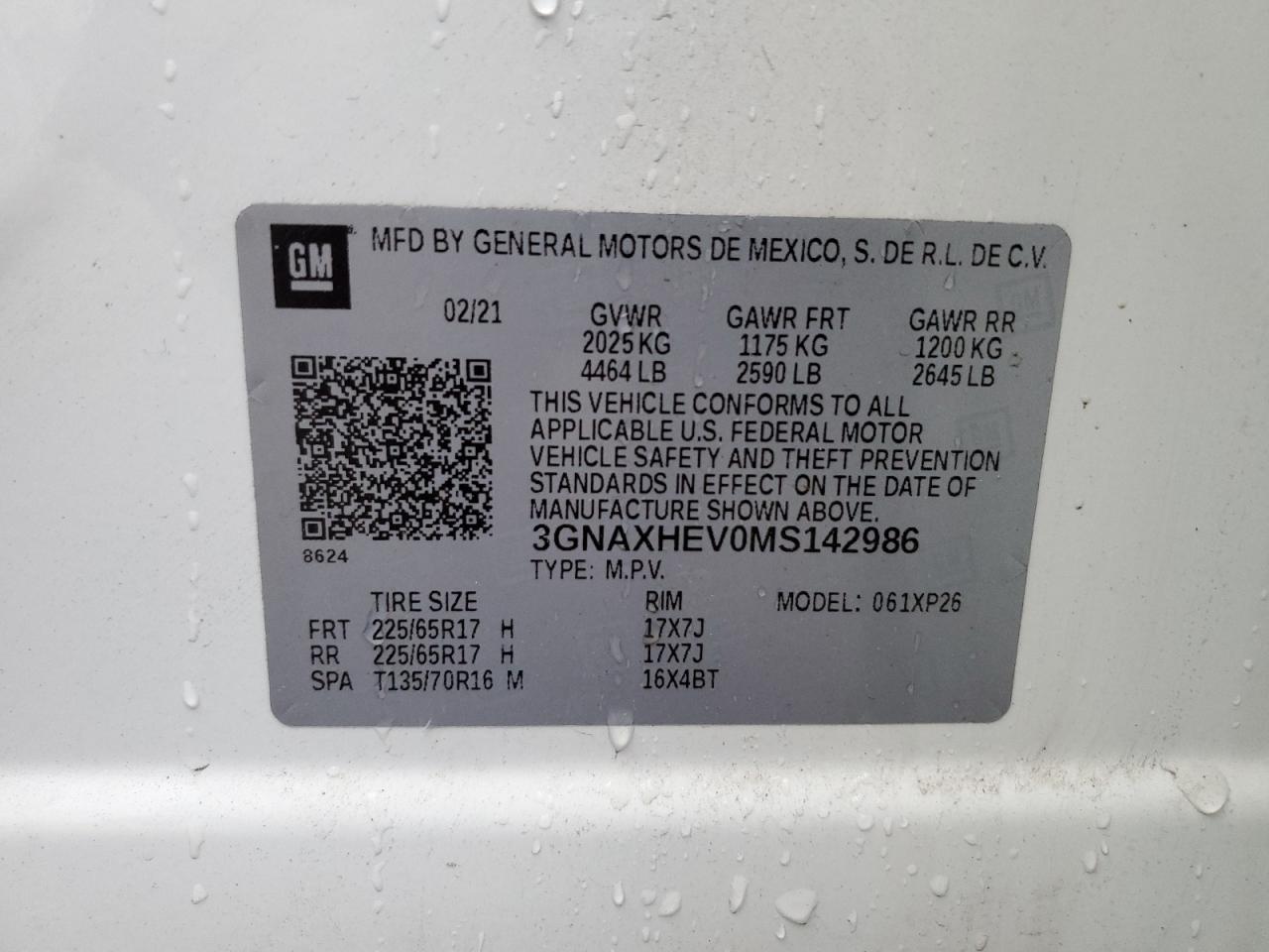 2021 Chevrolet Equinox VIN 3GNAXHEV0MS142986 Copart auction photo, side damage thumbnail 15