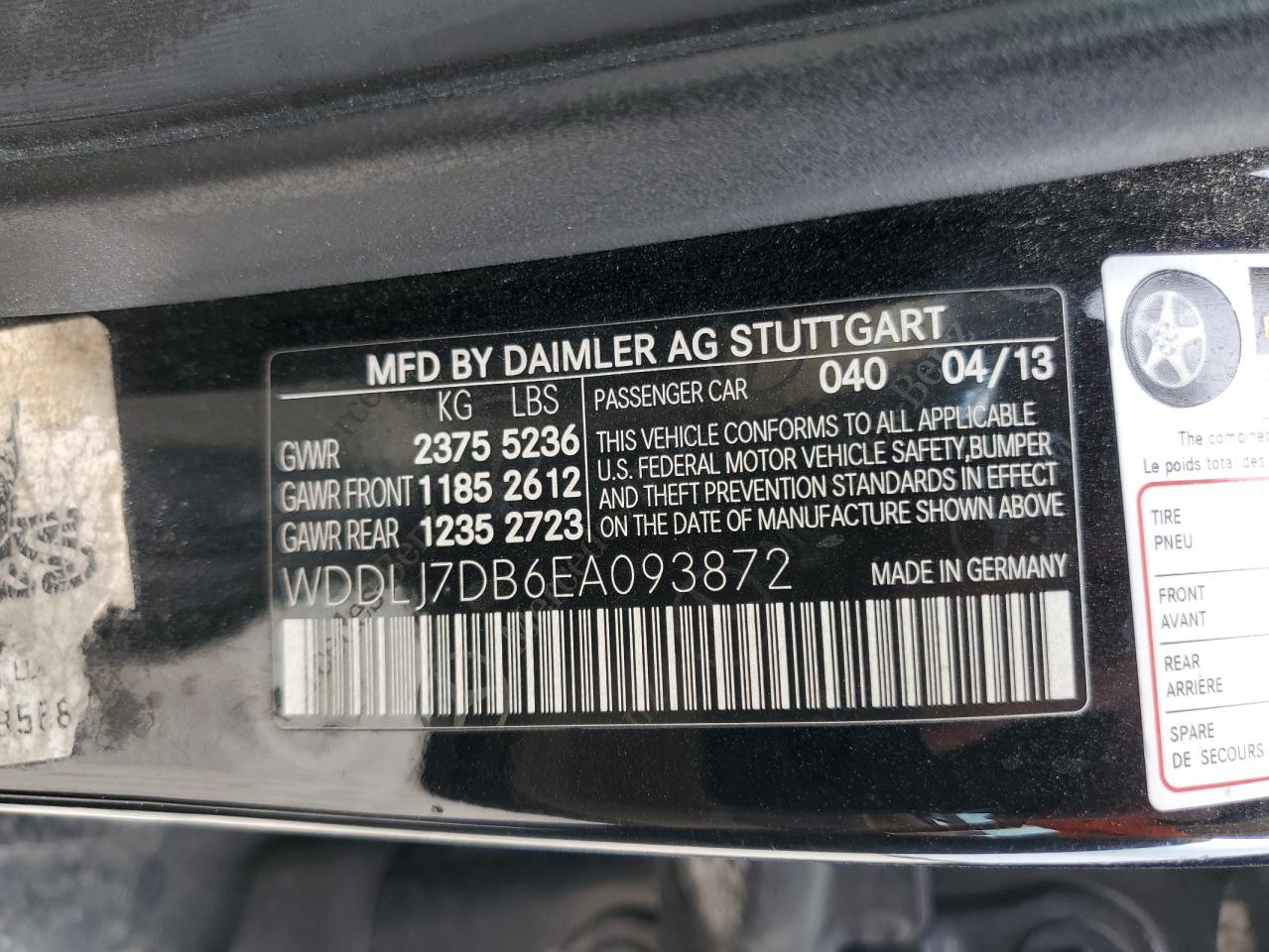 2014 Mercedes-Benz Cls-klasse VIN WDDLJ7DB6EA093872 Copart auction photo, front end / undercarriage damage thumbnail 12