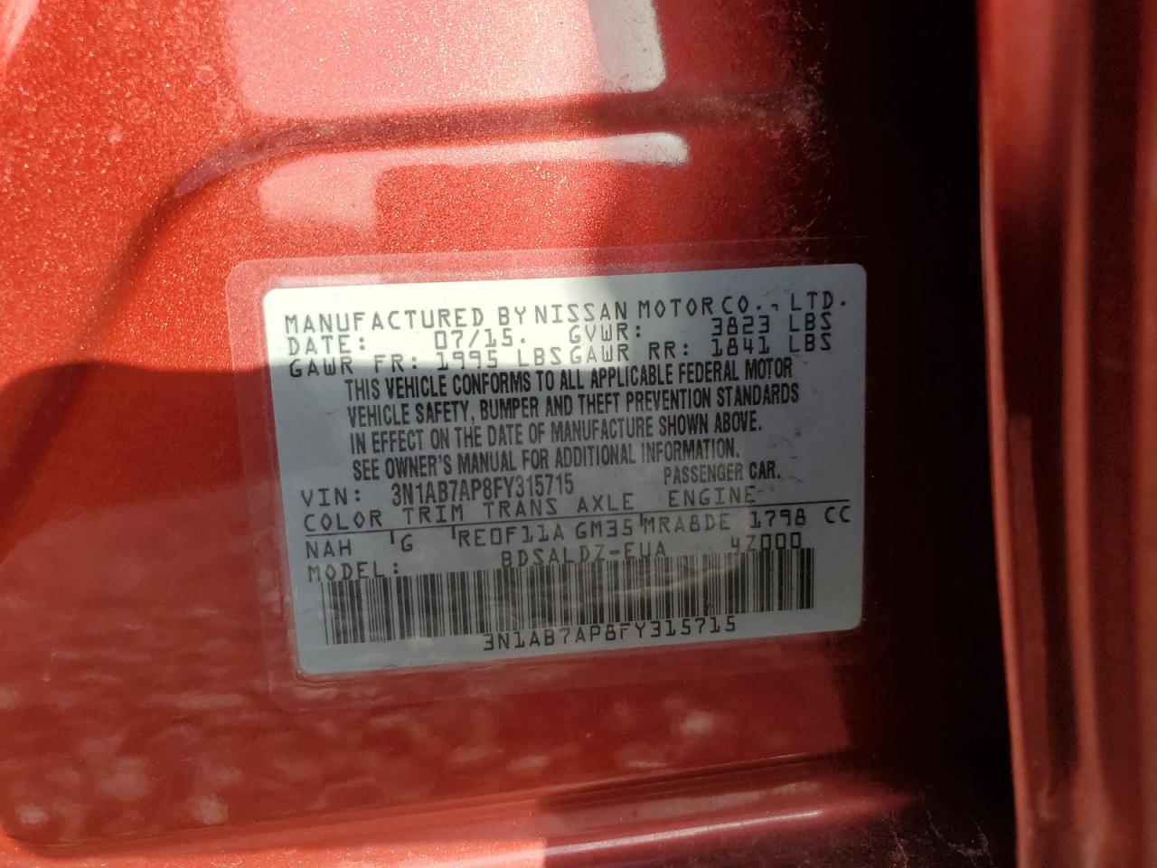 2015 Nissan Sentra VIN 3N1AB7AP8FY315715 Copart auction photo, front end damage thumbnail 14