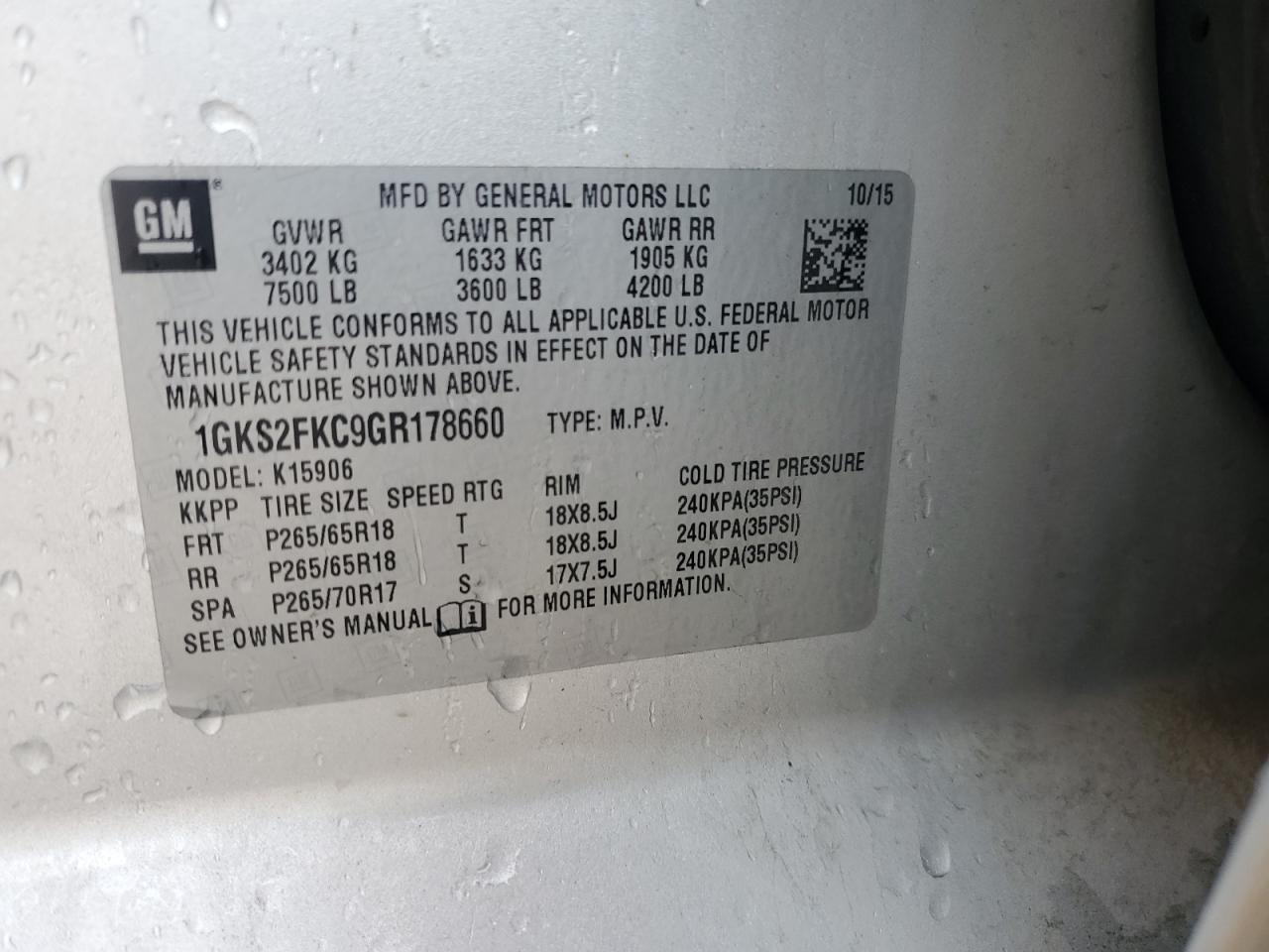 2016 GMC Yukon VIN 1GKS2FKC9GR178660 Copart auction photo, front end / rear end damage thumbnail 15