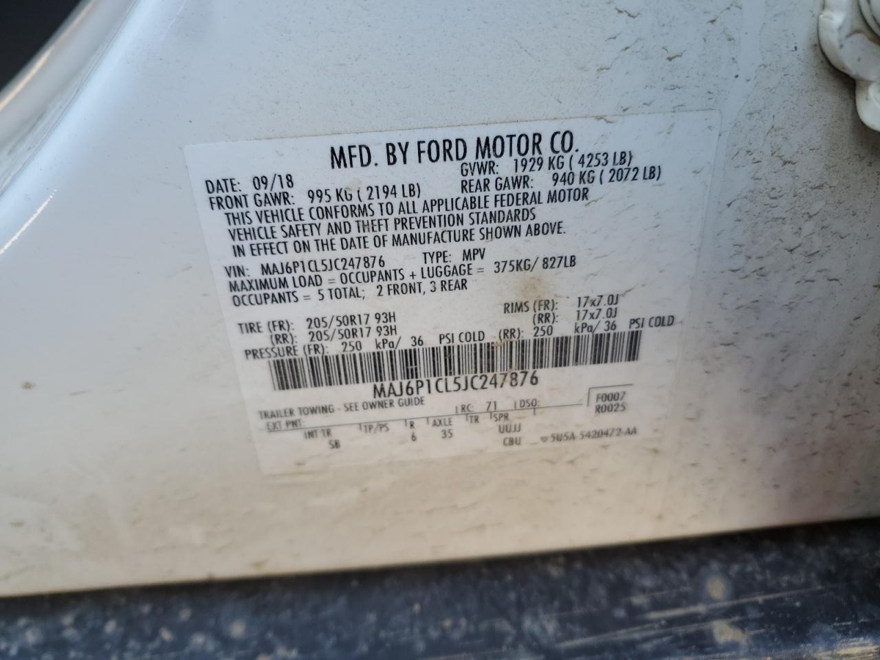 2018 Ford EcoSport VIN MAJ6P1CL5JC247876 Copart auction photo, front end damage thumbnail 13