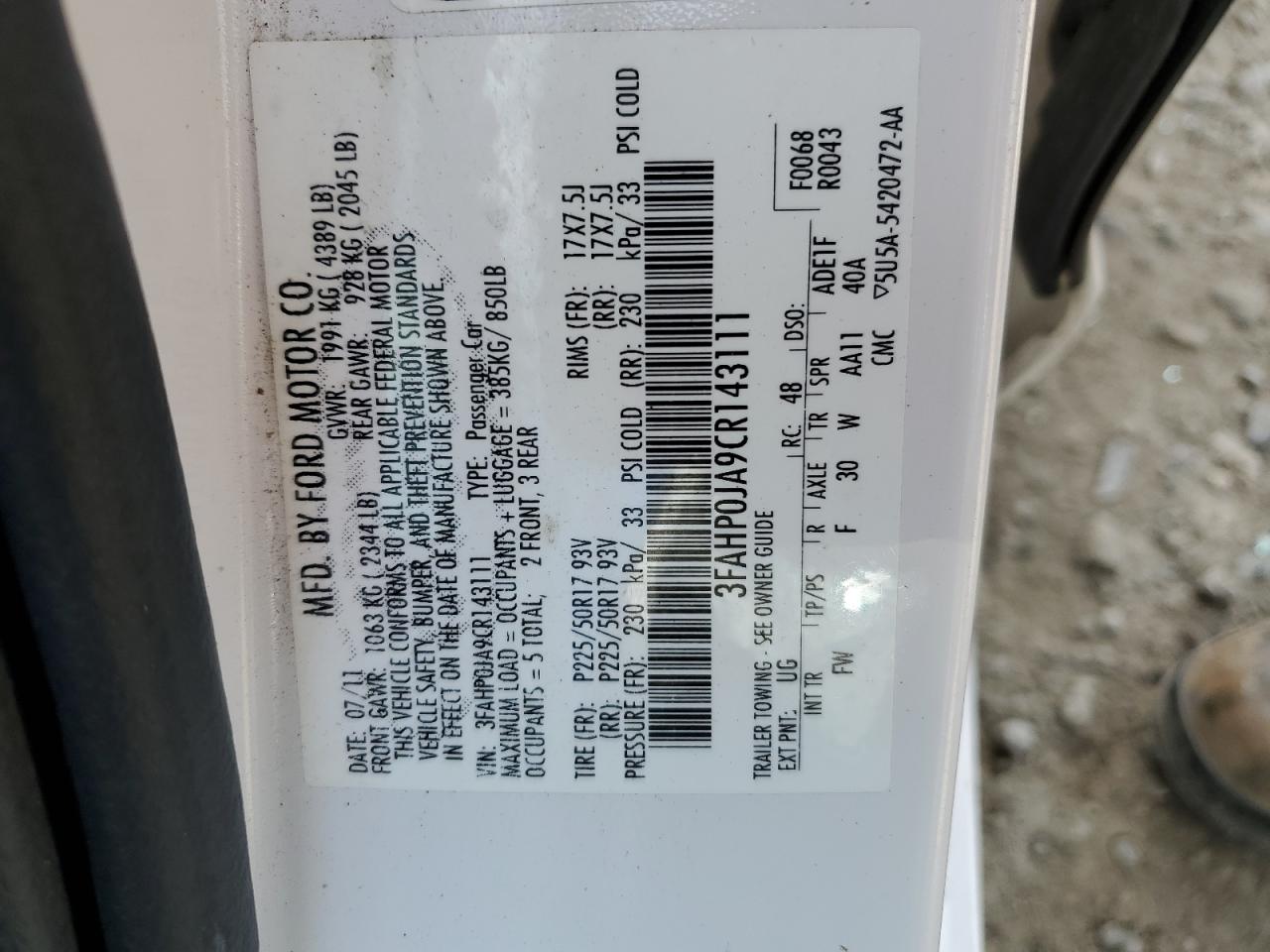2012 Ford Fusion VIN 3FAHP0JA9CR143111 Copart auction photo, rear end damage thumbnail 13