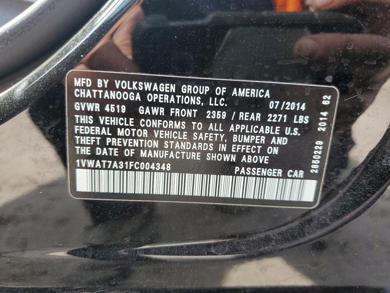 2015 Volkswagen Passat VIN 1VWAT7A31FC004348 Copart auction photo, minor dent/scratches damage thumbnail 12