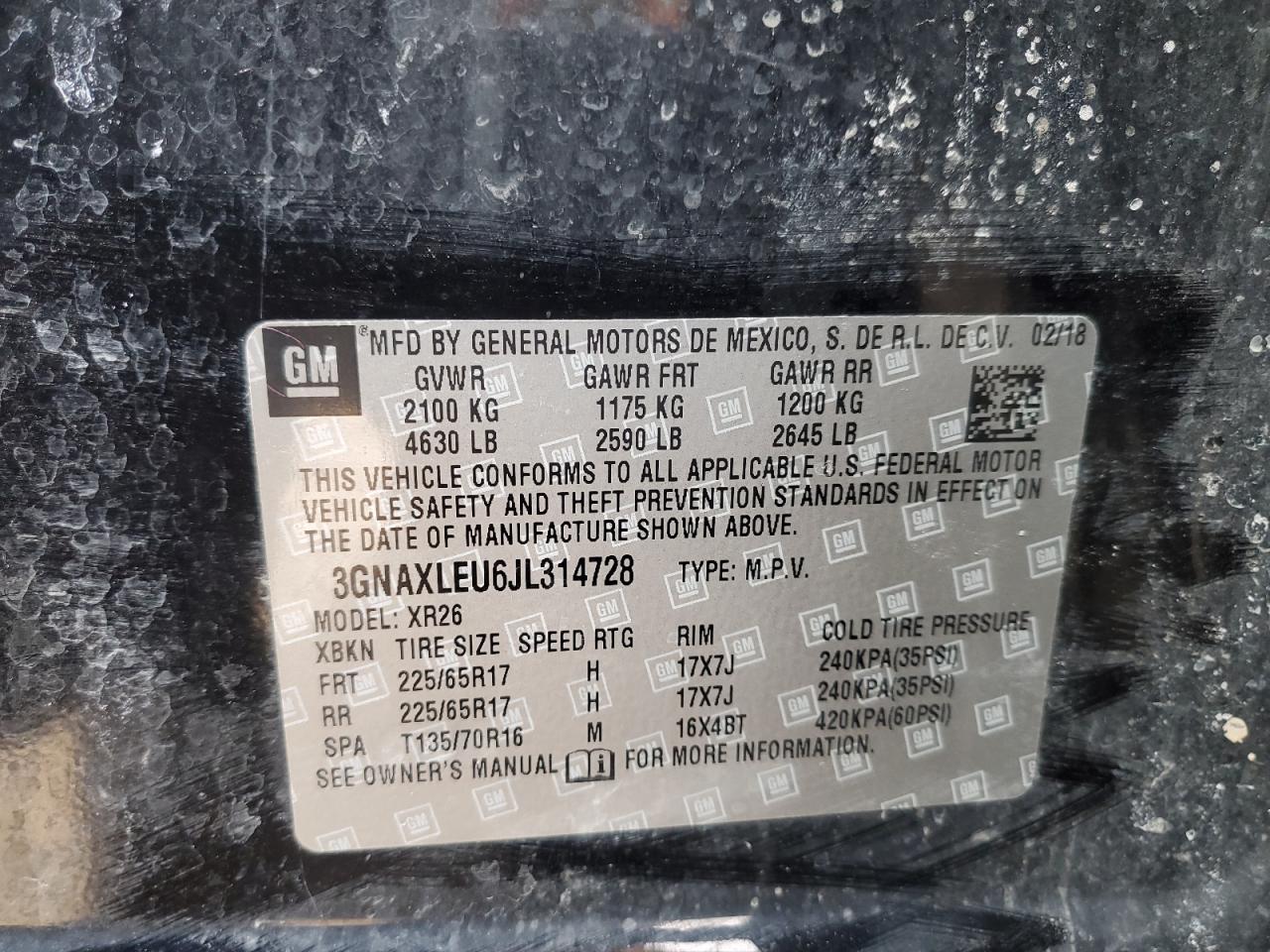 2018 Chevrolet Equinox VIN 3GNAXLEU6JL314728 Copart auction photo, front end / side damage thumbnail 14