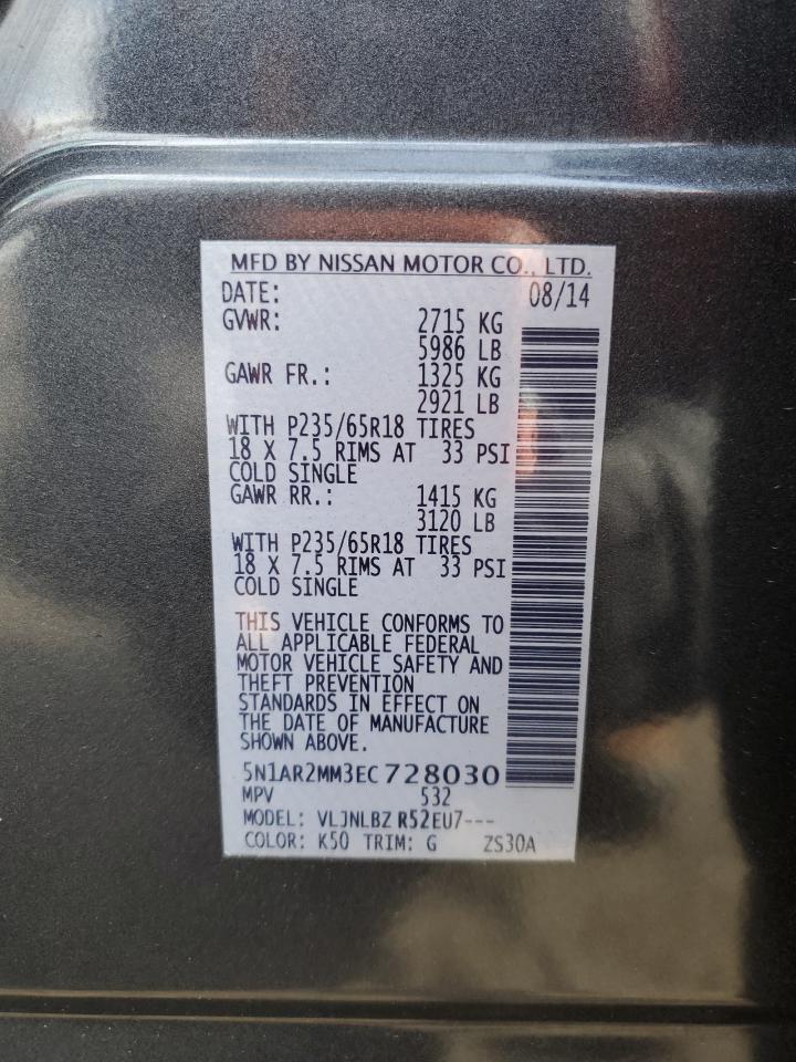 2014 Nissan Pathfinder VIN 5N1AR2MM3EC728030 Copart auction photo, front end / minor dent/scratches damage thumbnail 13