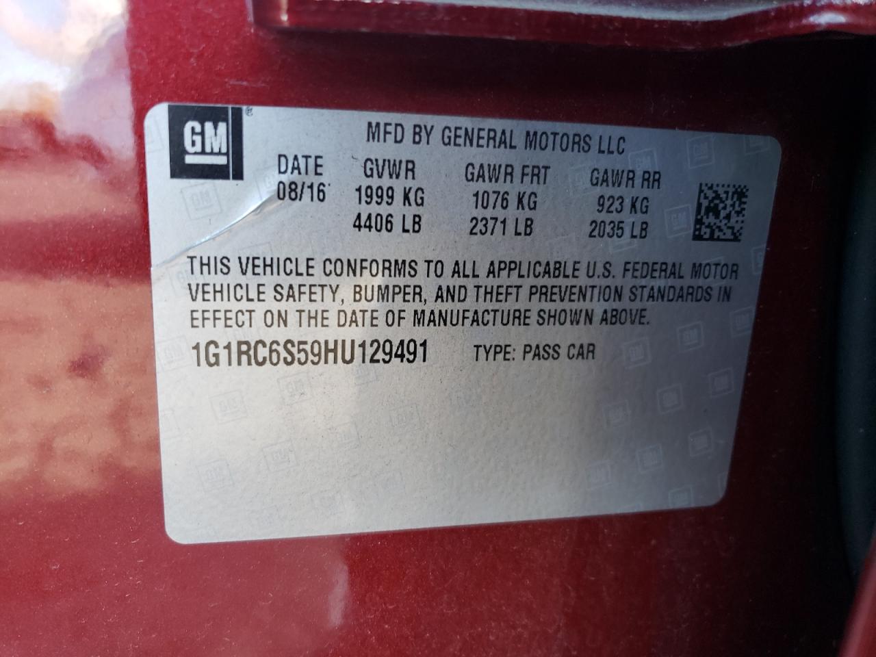 2017 Chevrolet Volt VIN 1G1RC6S59HU129491 Copart auction photo, rear end damage thumbnail 12