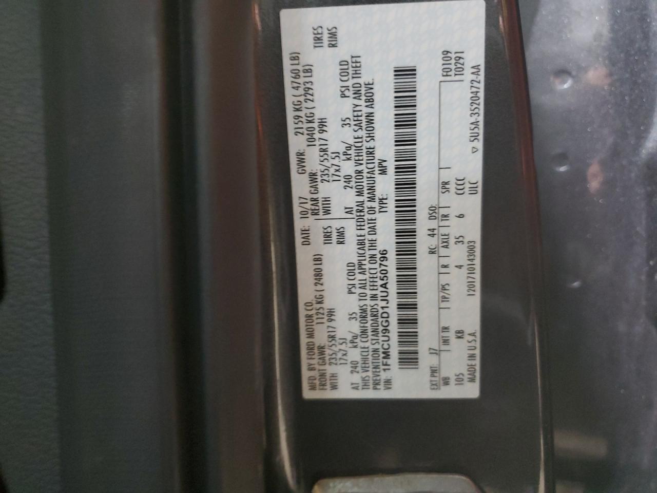 2018 Ford Escape VIN 1FMCU9GD1JUA50796 Copart auction photo, all over damage thumbnail 15