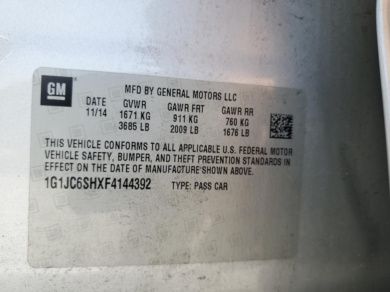 2015 Chevrolet Sonic VIN 1G1JC6SHXF4144392 Copart auction photo, side damage thumbnail 12