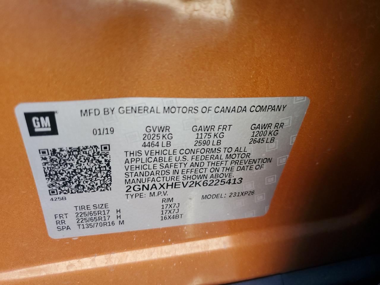 2019 Chevrolet Equinox VIN 2GNAXHEV2K6225413 Copart auction photo, side / front end damage thumbnail 15