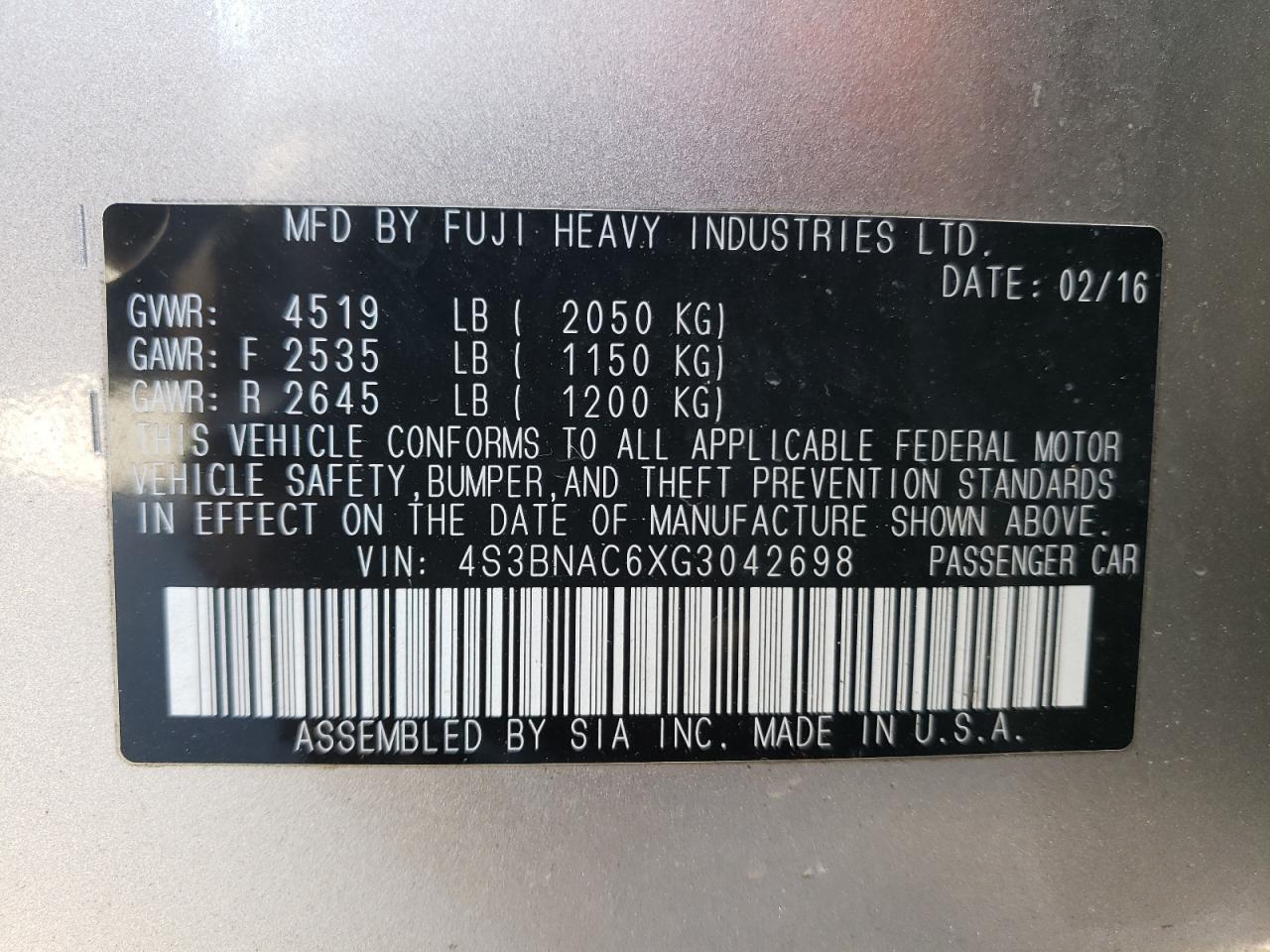 2016 Subaru Legacy VIN 4S3BNAC6XG3042698 Copart auction photo, side / hail damage thumbnail 12