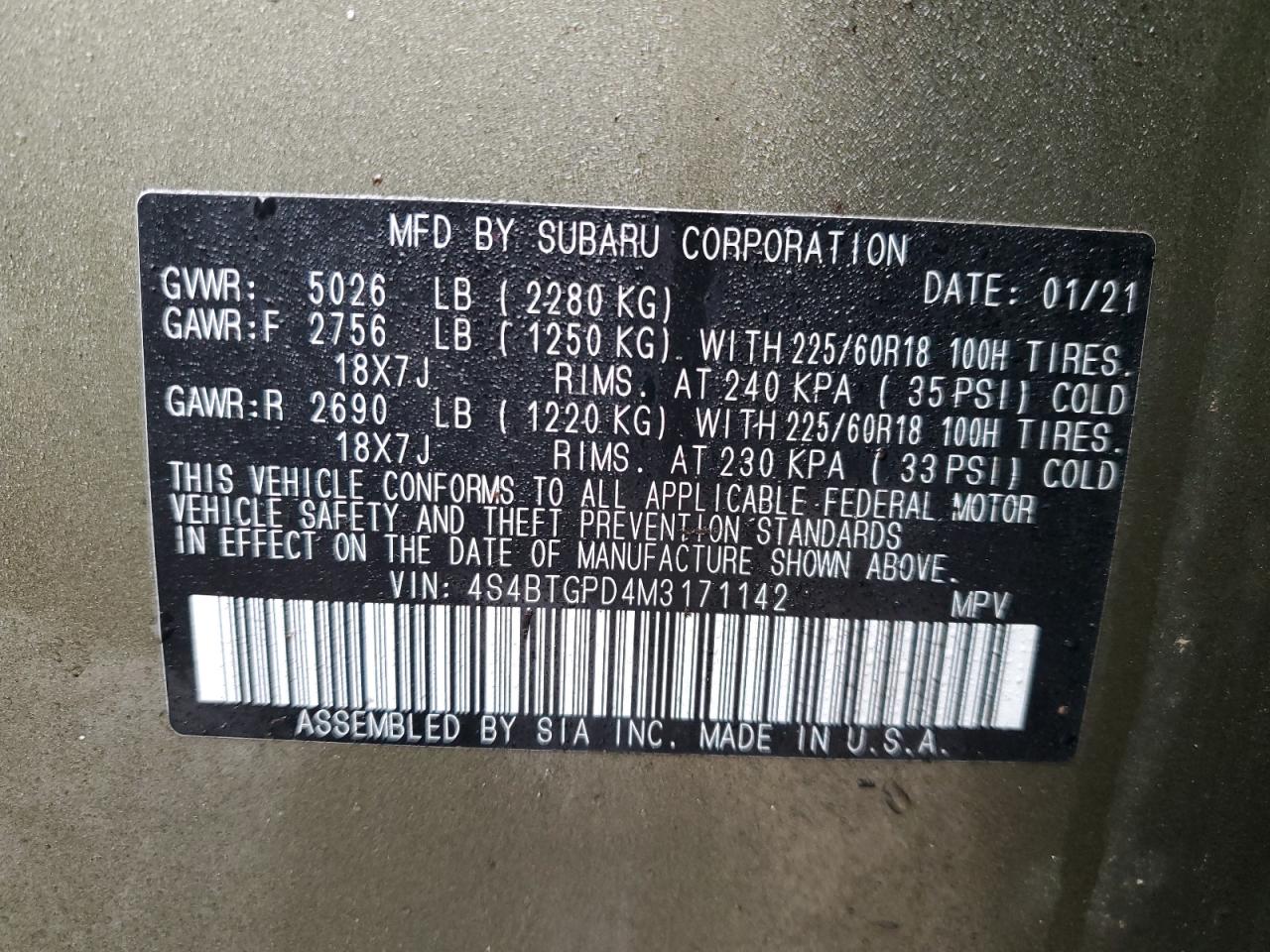 2021 Subaru Outback VIN 4S4BTGPD4M3171142 Copart auction photo, all over / undercarriage damage thumbnail 13
