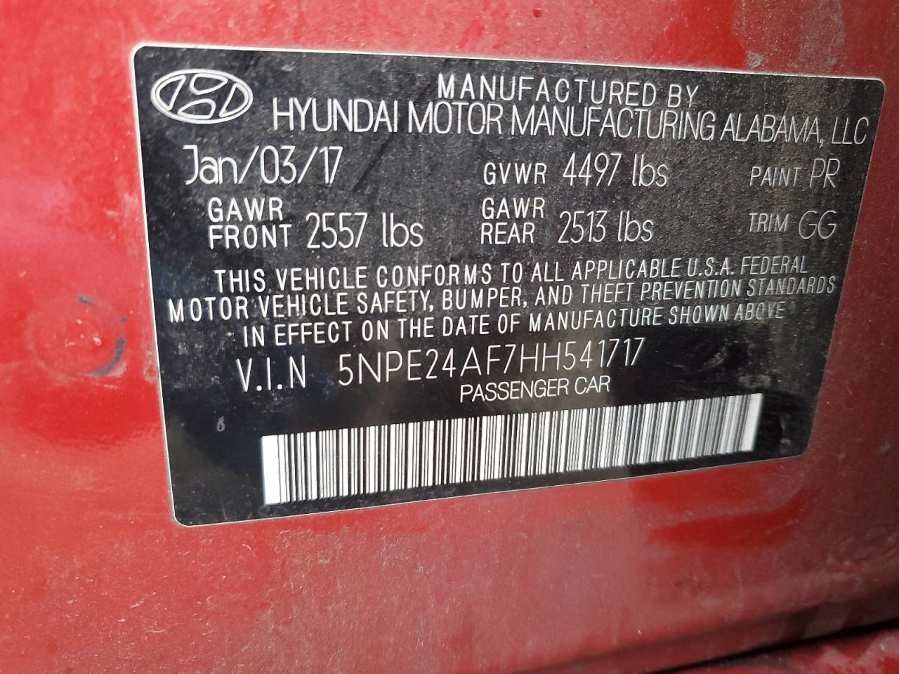 2017 Hyundai Sonata VIN 5NPE24AF7HH541717 Copart auction photo, front end damage thumbnail 12