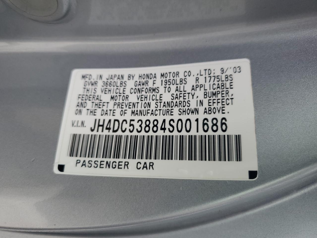2004 Acura RSX VIN JH4DC53884S001686 Copart auction photo, front end / rear end damage thumbnail 12