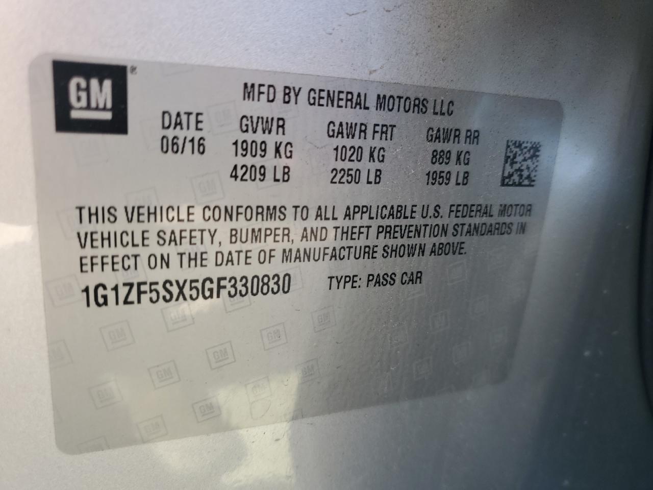 2016 Chevrolet Malibu VIN 1G1ZF5SX5GF330830 Copart auction photo, rear end / minor dent/scratches damage thumbnail 12