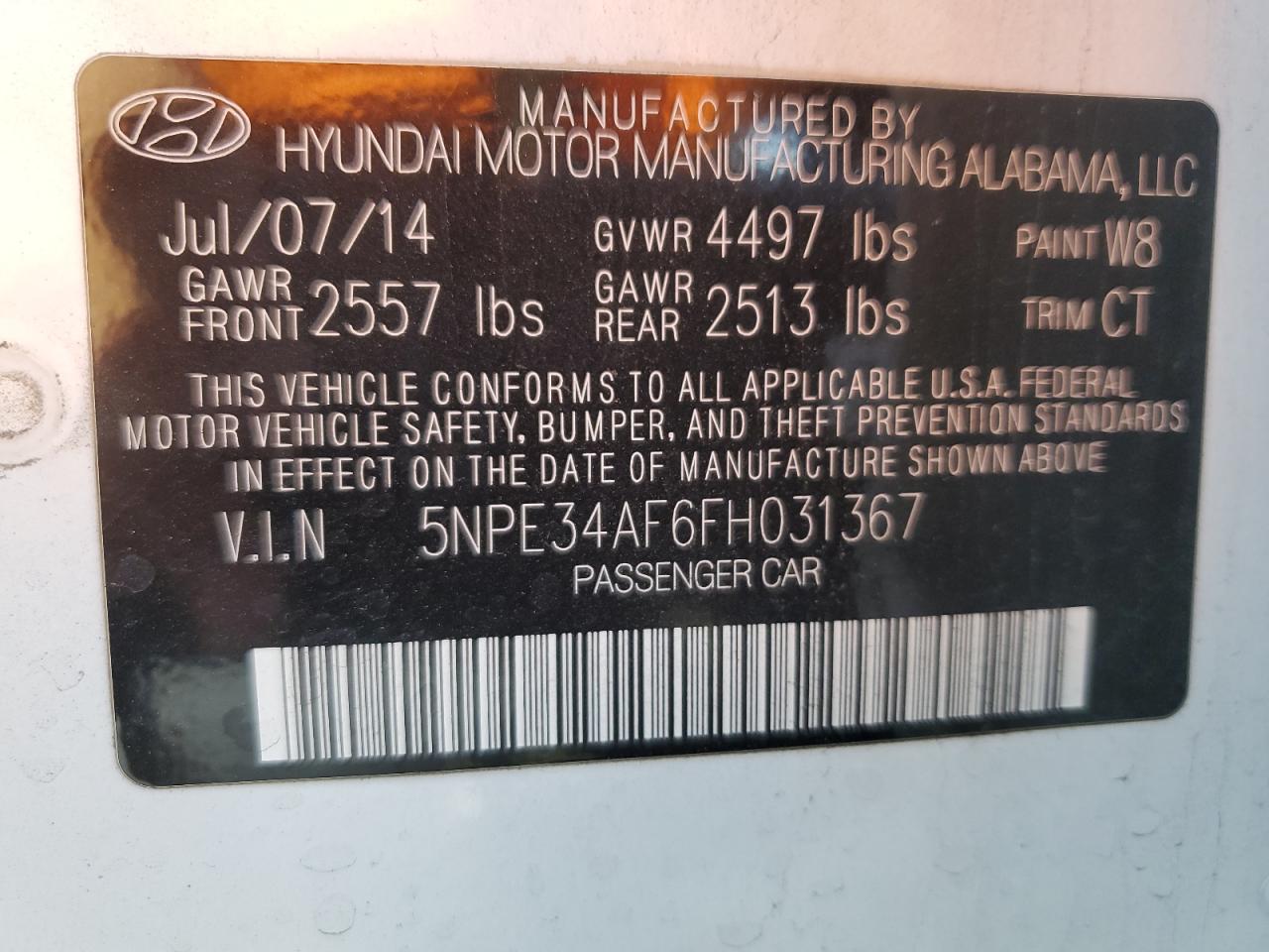 2015 Hyundai Sonata VIN 5NPE34AF6FH031367 Copart auction photo, rear end / side damage thumbnail 13