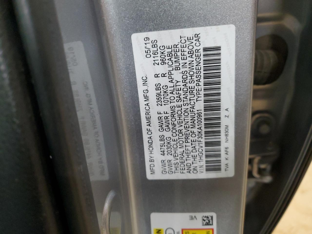 2019 Honda Accord VIN 1HGCV1F30KA100961 Copart auction photo, side damage thumbnail 12