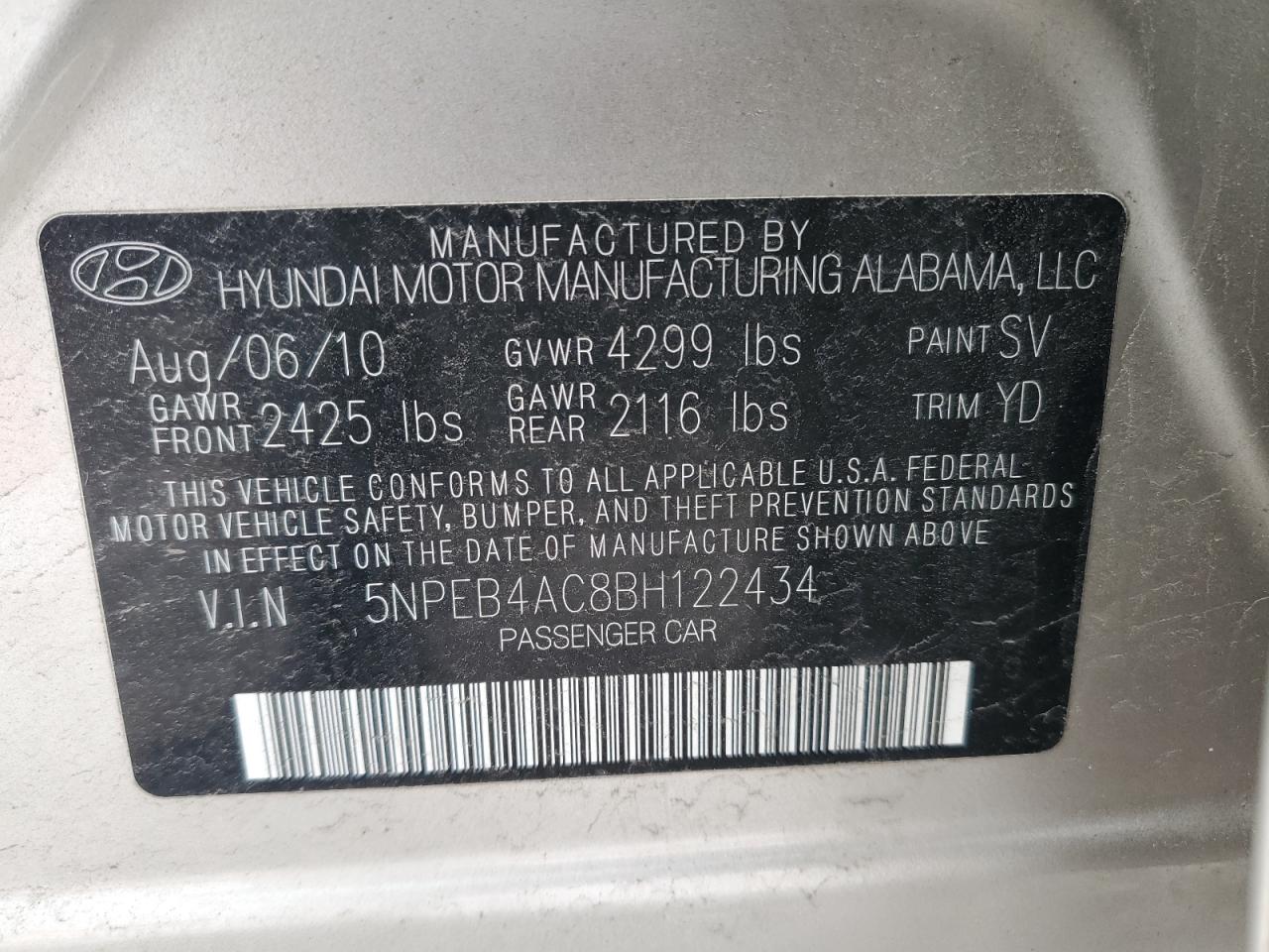2011 Hyundai Sonata VIN 5NPEB4AC8BH122434 Copart auction photo, rear end damage thumbnail 12