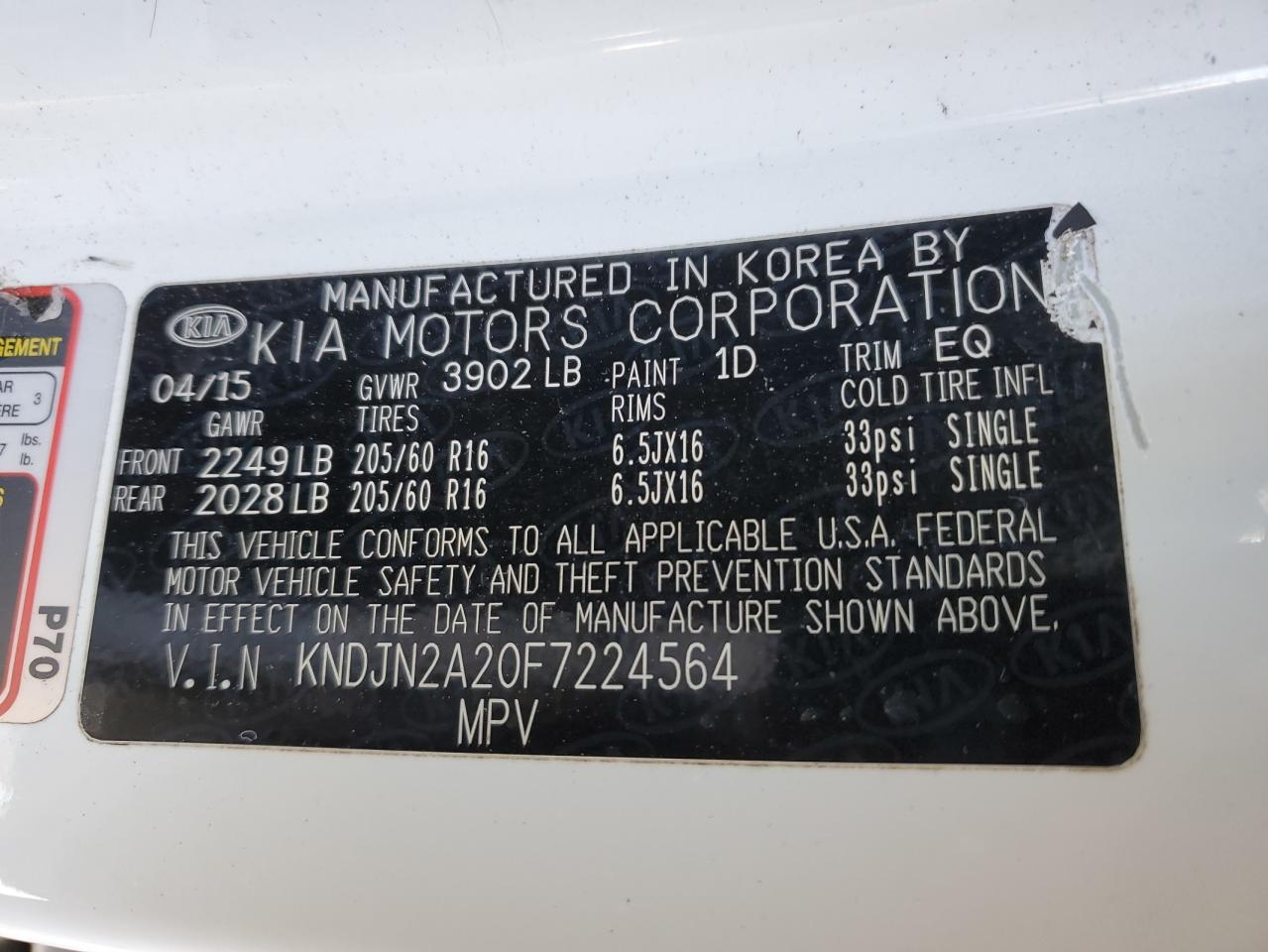 2015 KIA Soul VIN KNDJN2A20F7224564 Copart auction photo, side damage thumbnail 12