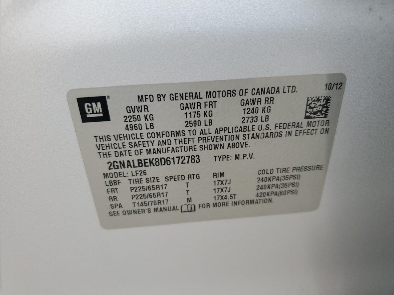 2013 Chevrolet Equinox VIN 2GNALBEK8D6172783 Copart auction photo, mechanical / minor dent/scratches damage thumbnail 14