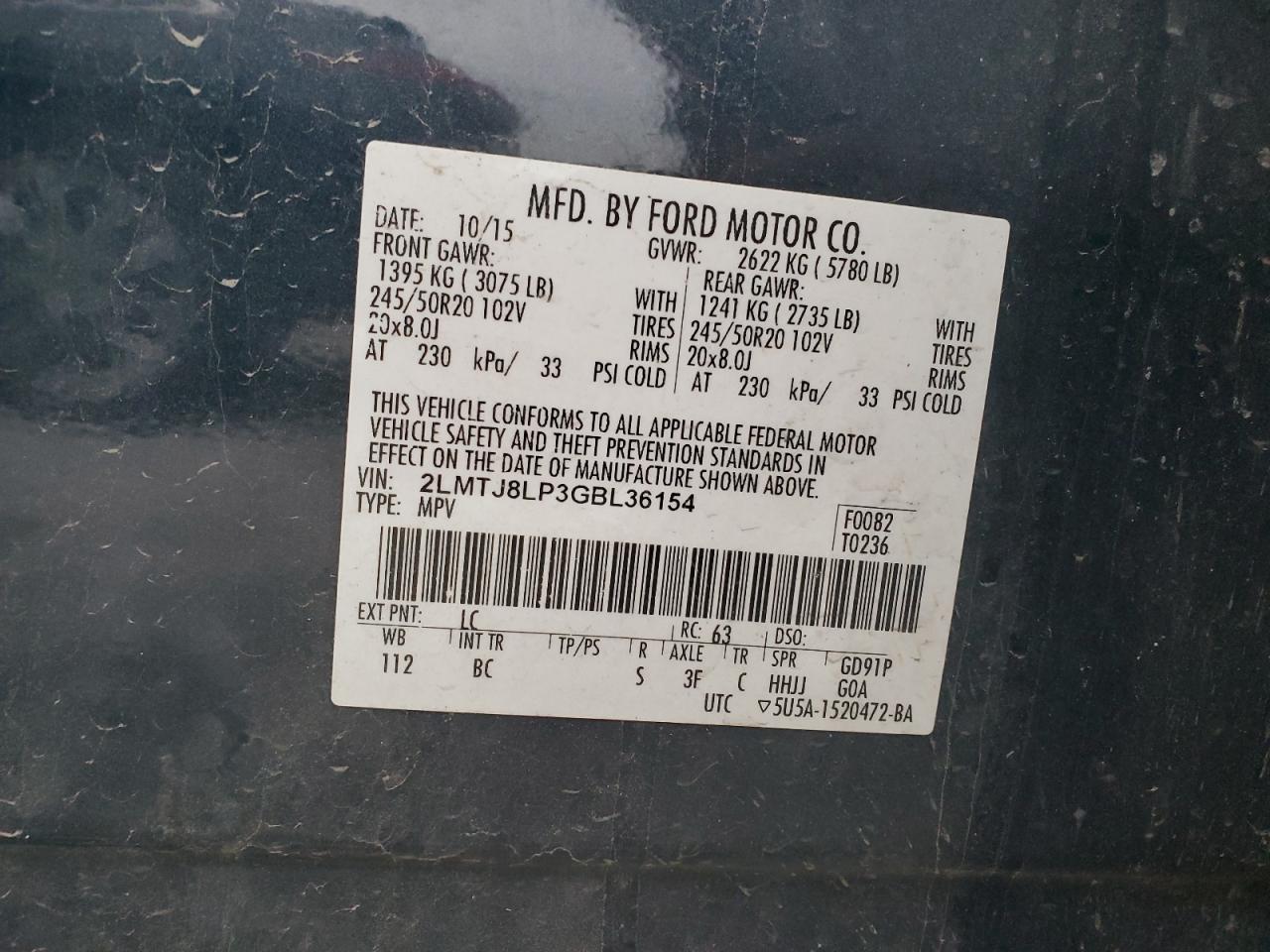2016 Lincoln MKX VIN 2LMTJ8LP3GBL36154 Copart auction photo, minor dent/scratches damage thumbnail 12